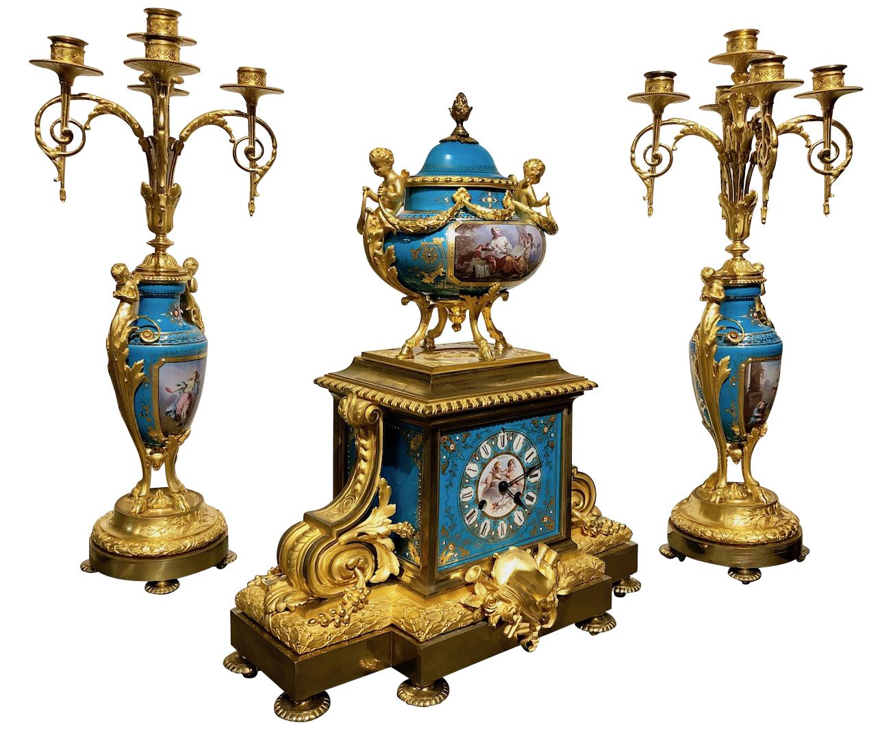 Napoleon III 19th Century Ormolu Bronze and Sevres Jeweled Clock Set by H. Picard/Deniere