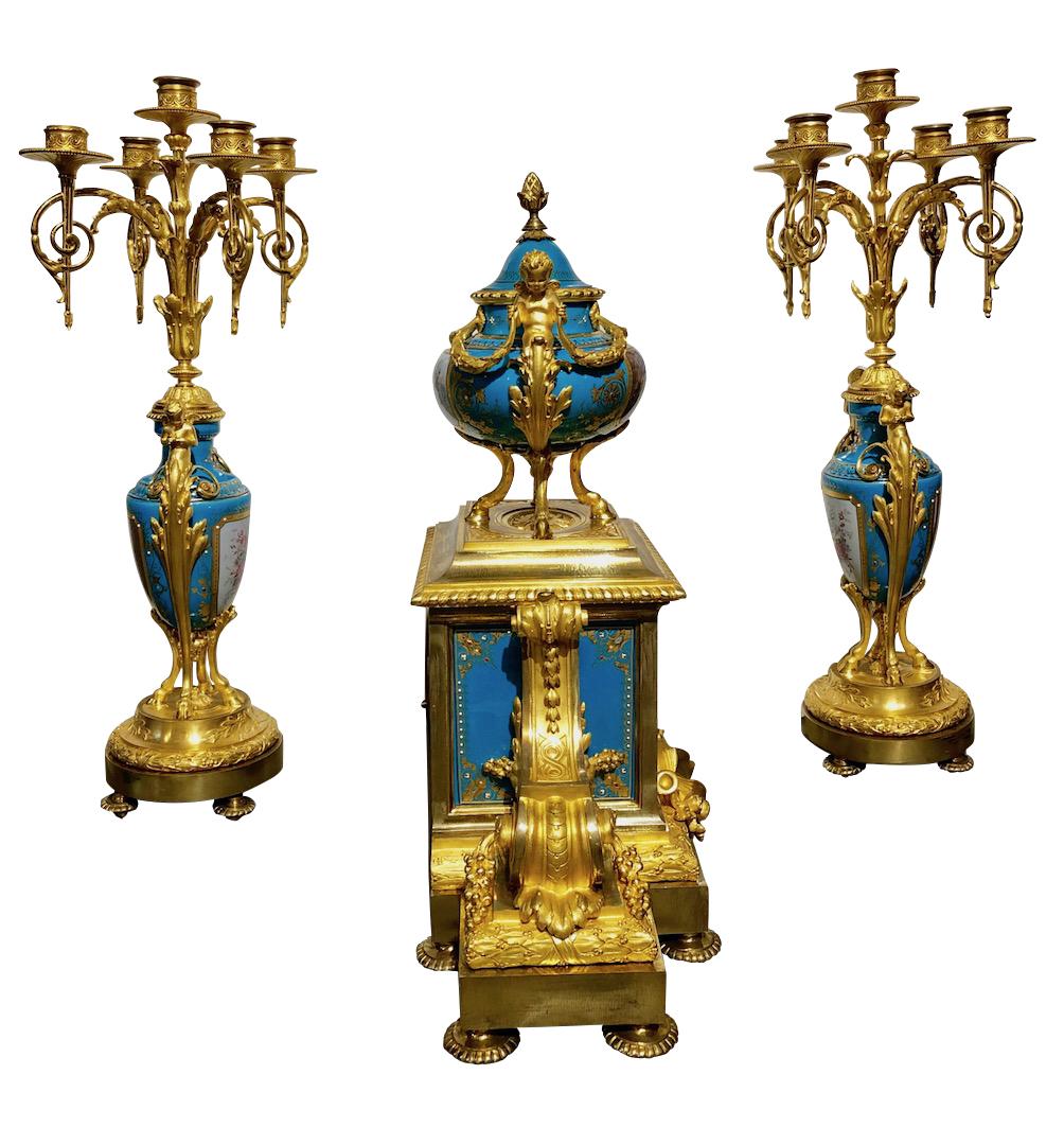 French 19th Century Ormolu Bronze and Sevres Jeweled Clock Set by H. Picard/Deniere