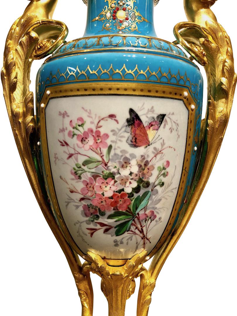 Hand-Painted 19th Century Ormolu Bronze and Sevres Jeweled Clock Set by H. Picard/Deniere