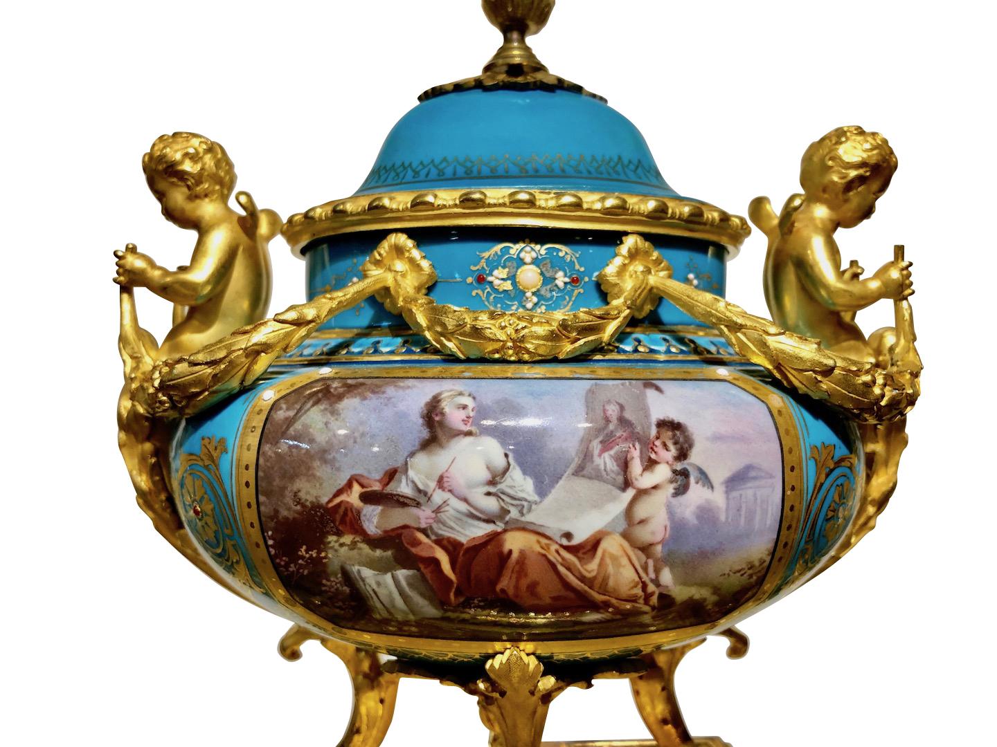 Porcelain 19th Century Ormolu Bronze and Sevres Jeweled Clock Set by H. Picard/Deniere