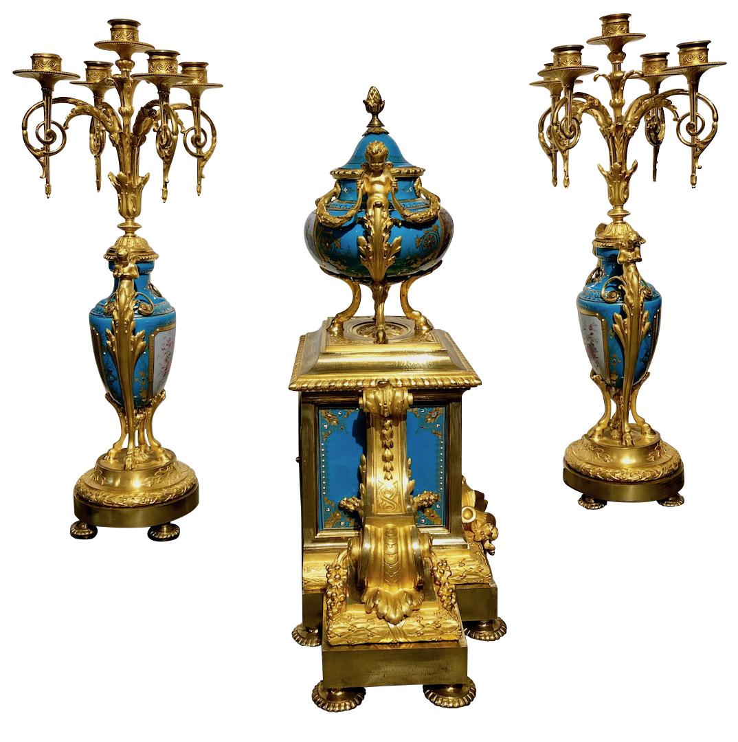 19th Century Ormolu Bronze and Sevres Jeweled Clock Set by H. Picard/Deniere 1
