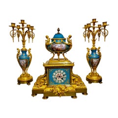 19th Century Ormolu Bronze and Sevres Jeweled Clock Set by H. Picard/Deniere