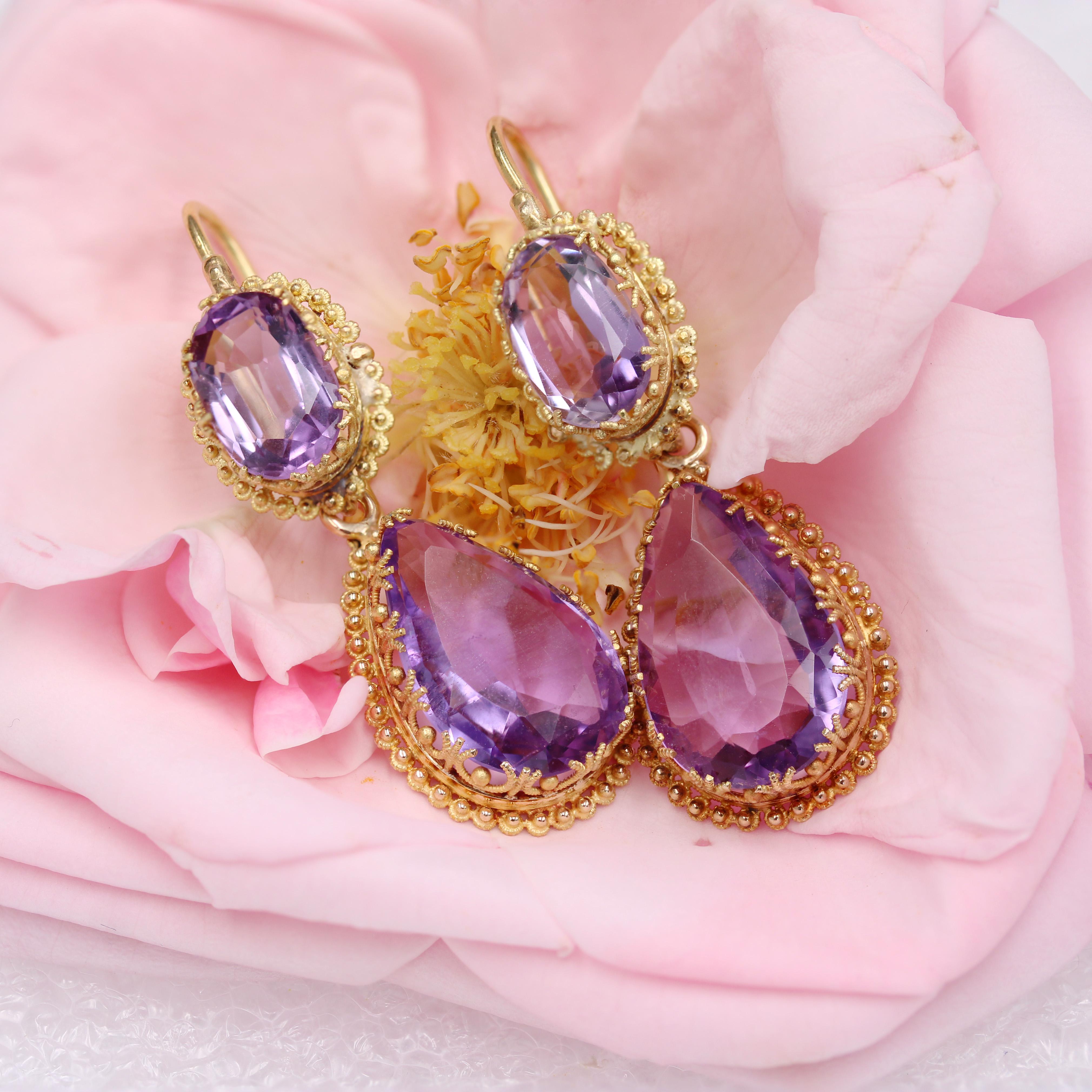 French 19th Century 10 Carats Amethyst 18 Karat Yellow Gold Dangle Earrings 2