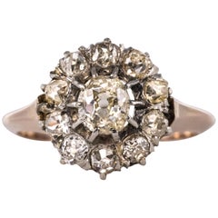 Antique French 19th Century 1.10 Carat Diamonds 18 Karat Rose Gold Platinum Daisy Ring