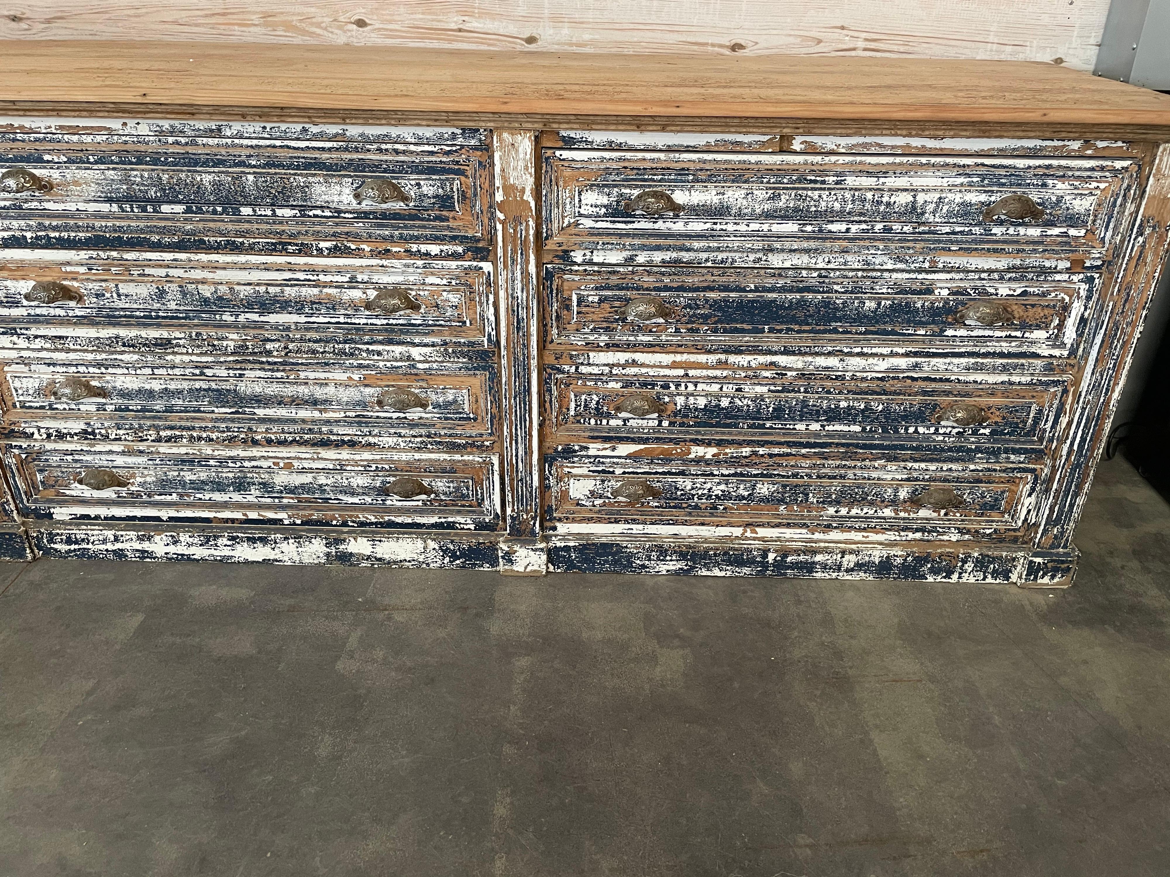 French 19th Century 12 Drawer Painted Shop Counter 2