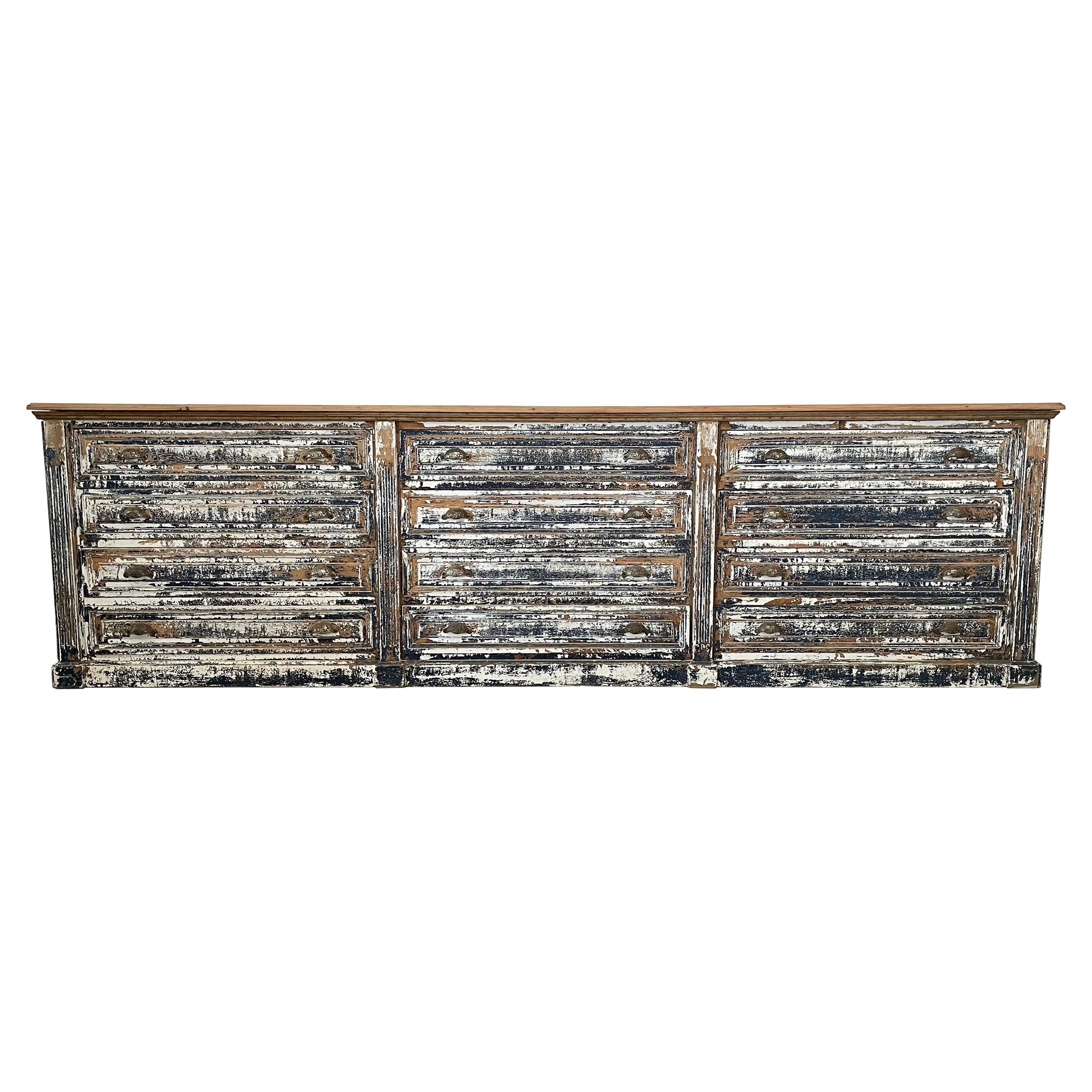 French 19th Century 12 Drawer Painted Shop Counter