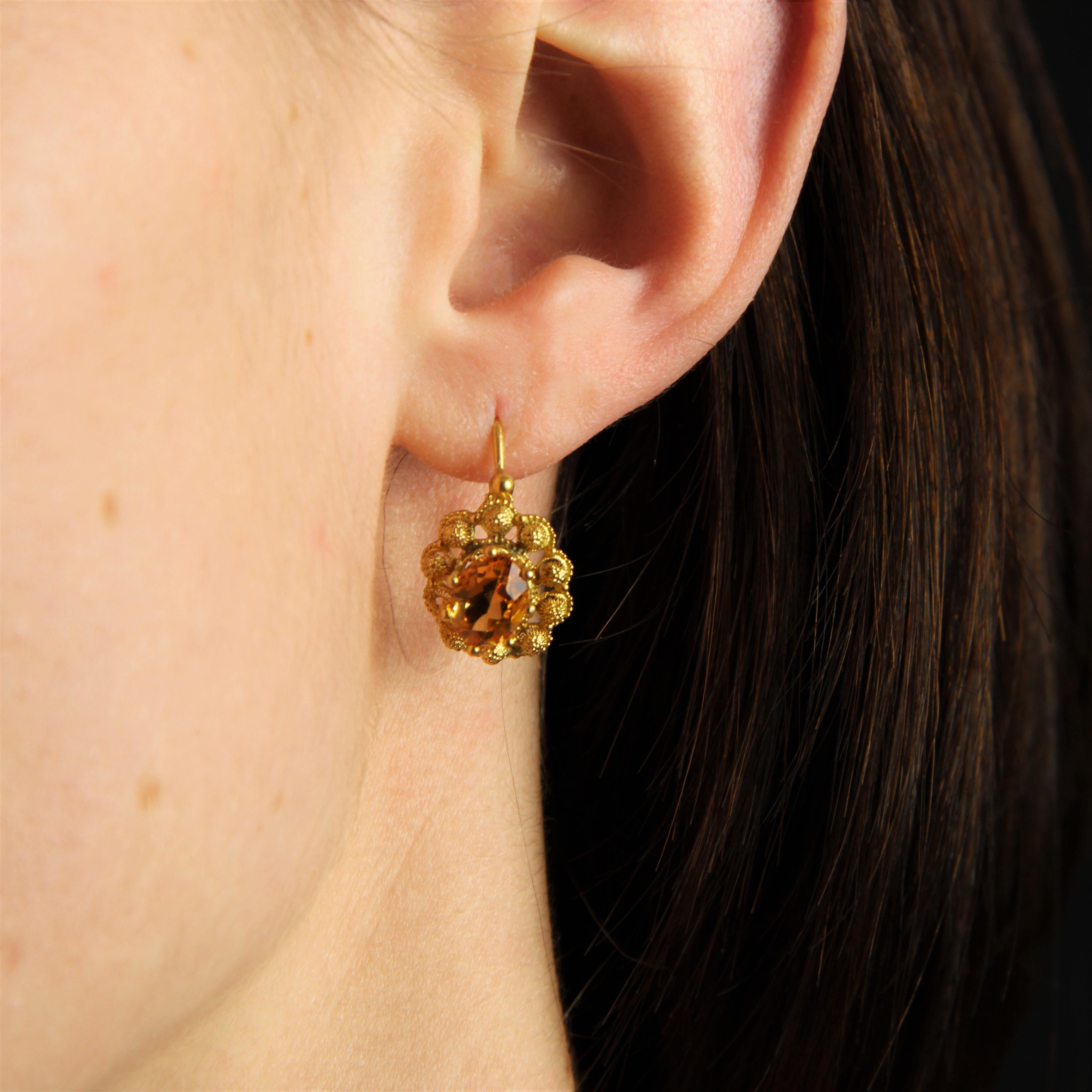 French 19th Century 15 Carats Citrine 18 Karat Yellow Gold Dangle Earrings For Sale 4