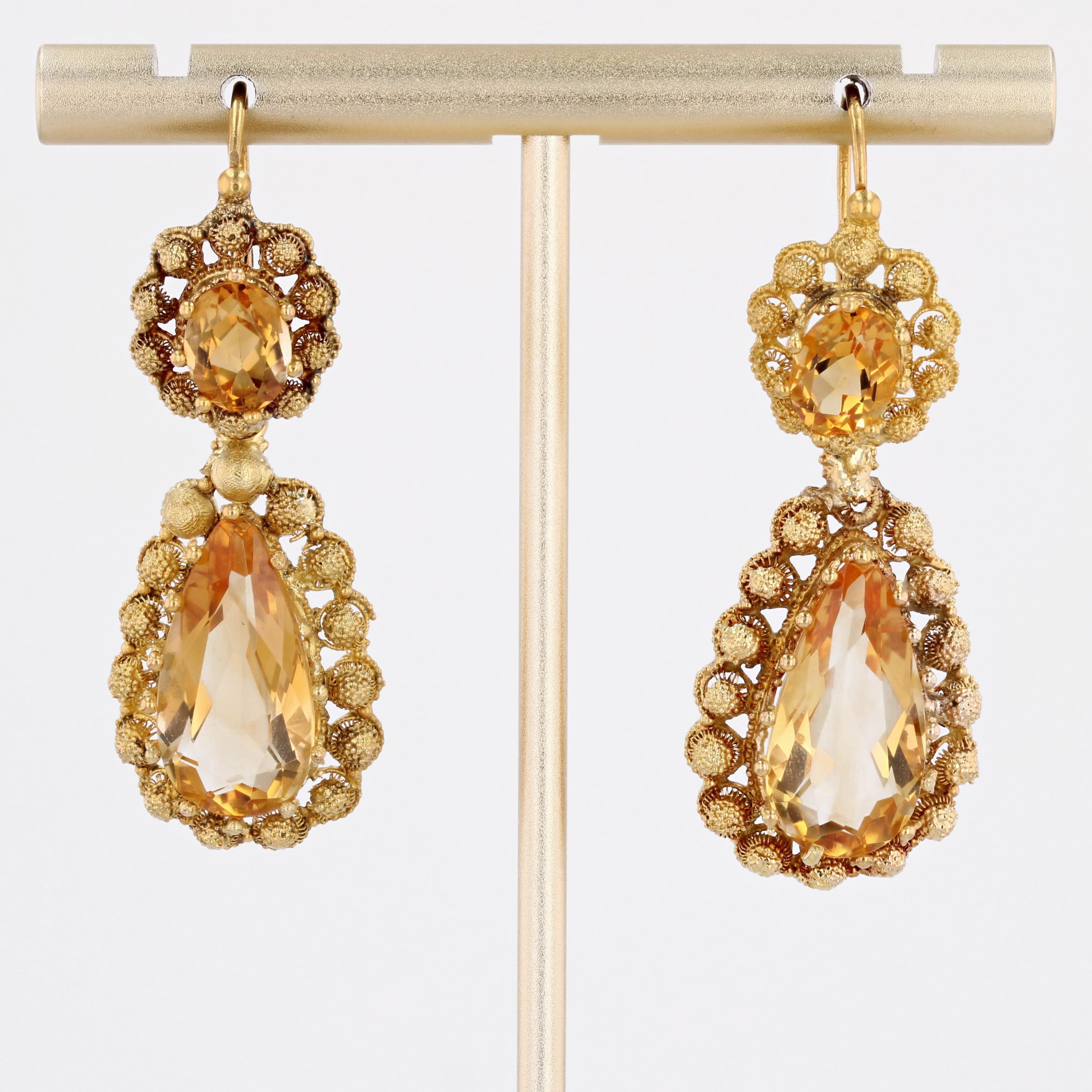 French 19th Century 15 Carats Citrine 18 Karat Yellow Gold Dangle Earrings For Sale 9