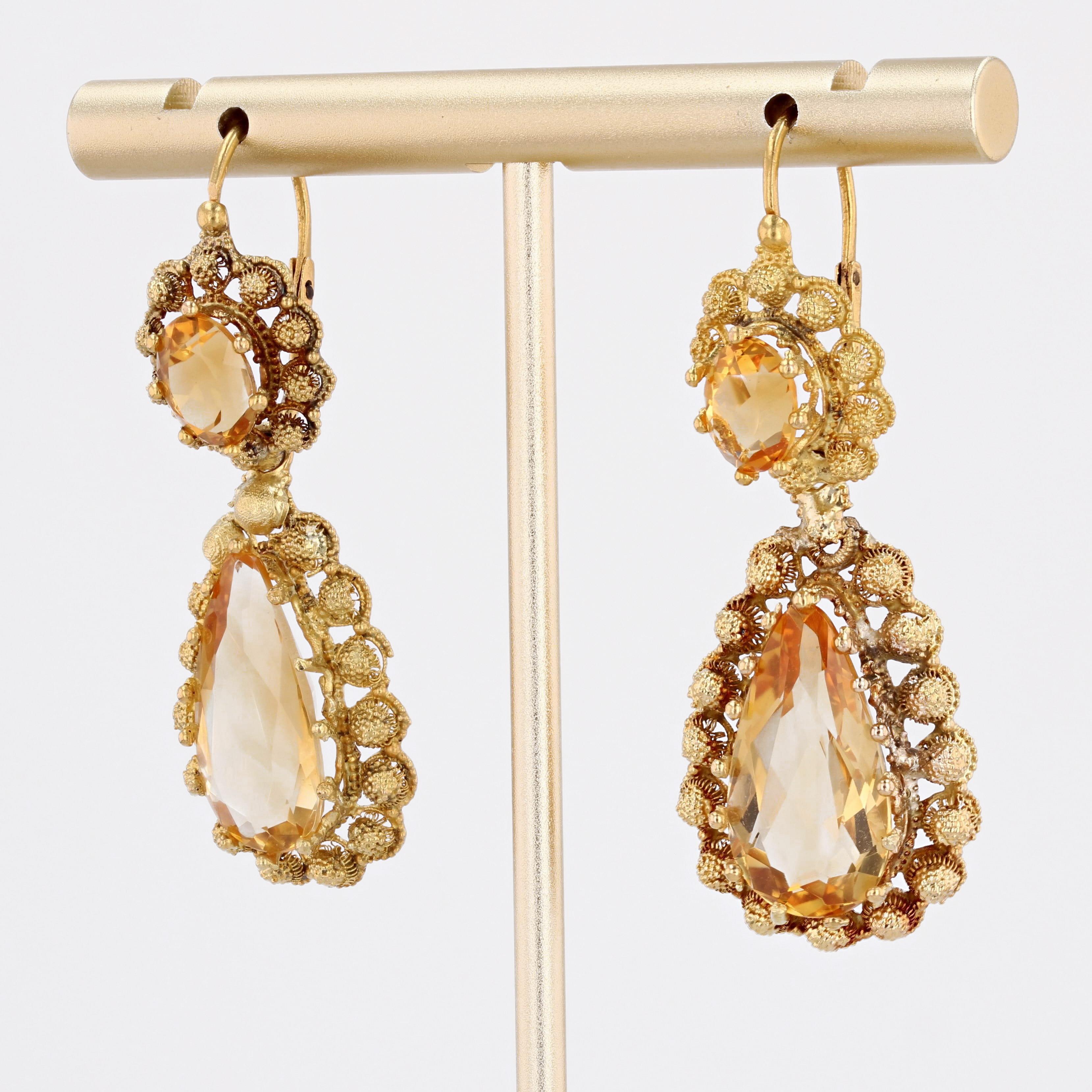 French 19th Century 15 Carats Citrine 18 Karat Yellow Gold Dangle Earrings In Fair Condition For Sale In Poitiers, FR