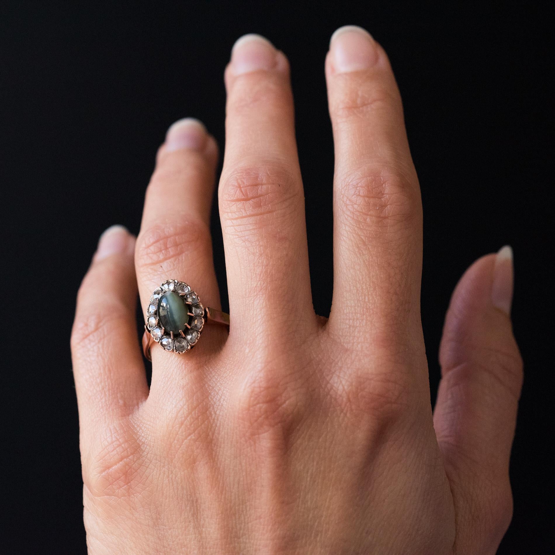 French 19th Century 18 Karat Rose Gold Chrysoberyl Cat's Eye Cluster Ring 5