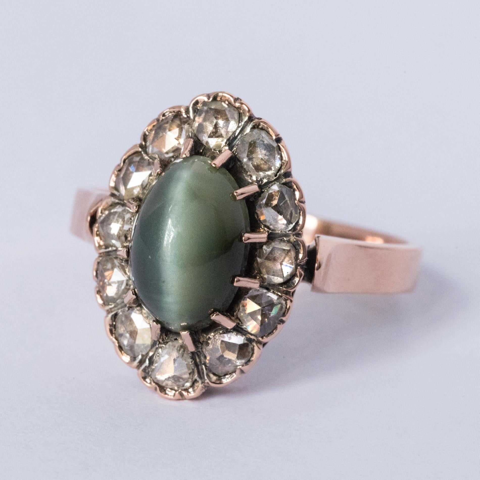 French 19th Century 18 Karat Rose Gold Chrysoberyl Cat's Eye Cluster Ring 6