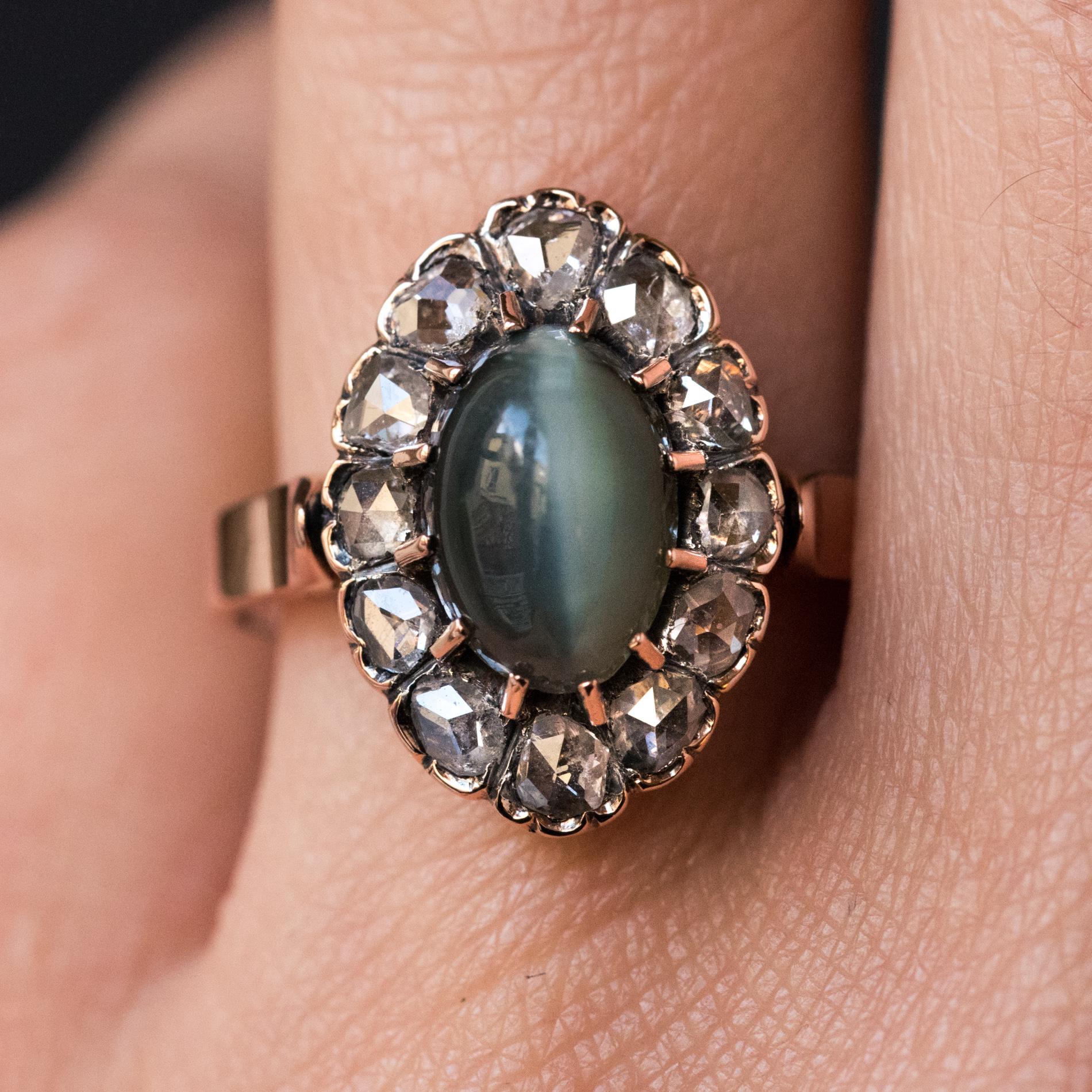 French 19th Century 18 Karat Rose Gold Chrysoberyl Cat's Eye Cluster Ring 8