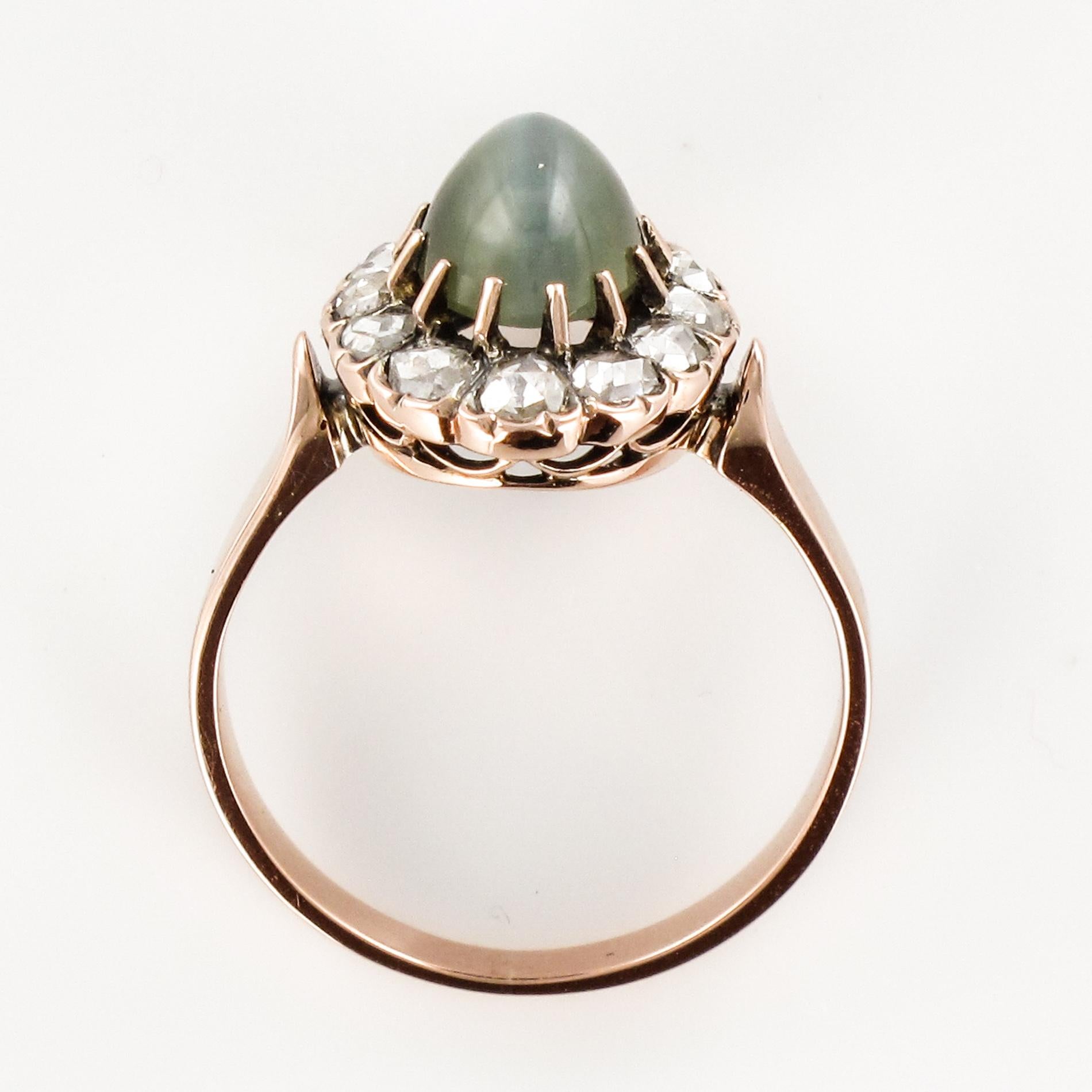 French 19th Century 18 Karat Rose Gold Chrysoberyl Cat's Eye Cluster Ring 11