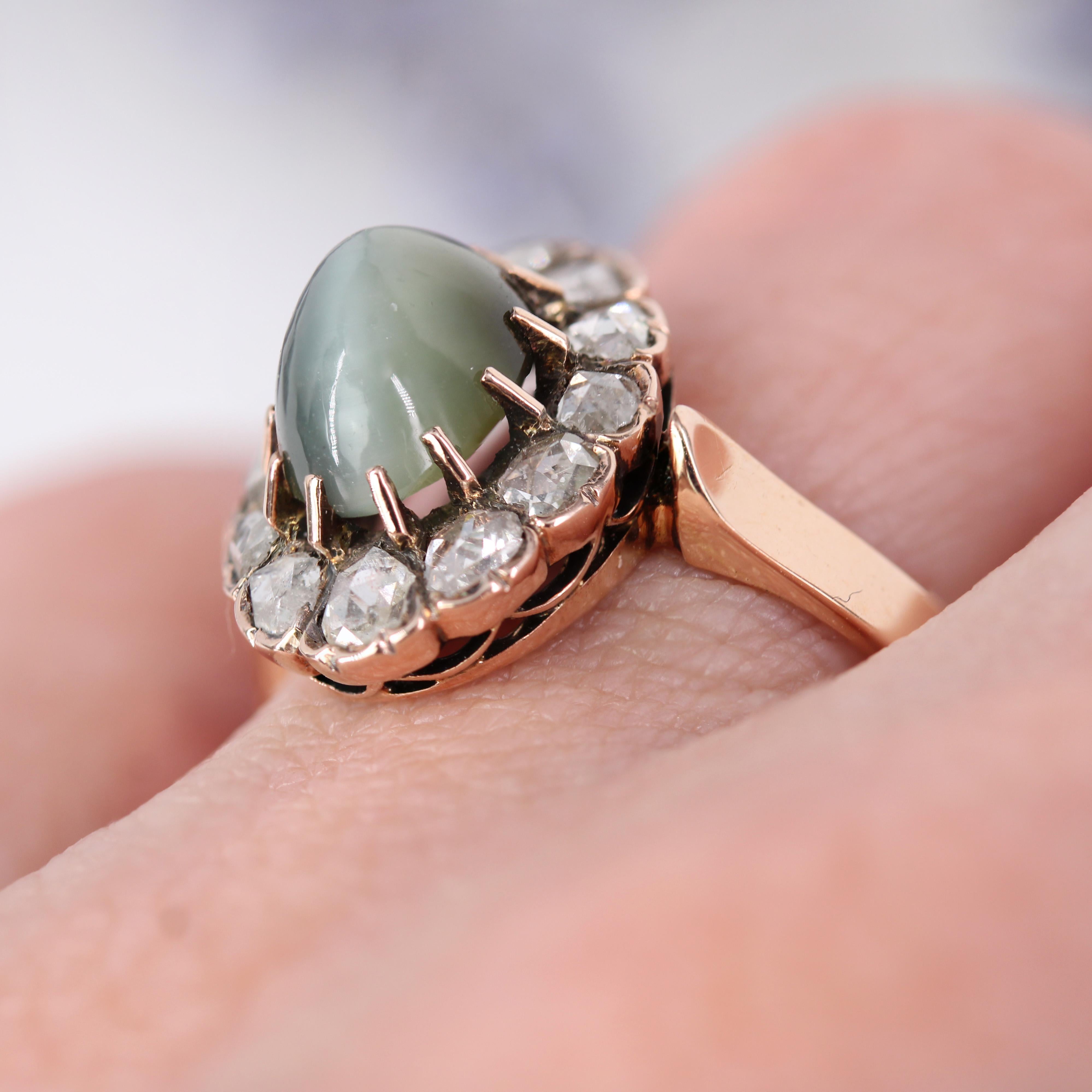 French 19th Century 18 Karat Rose Gold Chrysoberyl Cat's Eye Cluster Ring 10