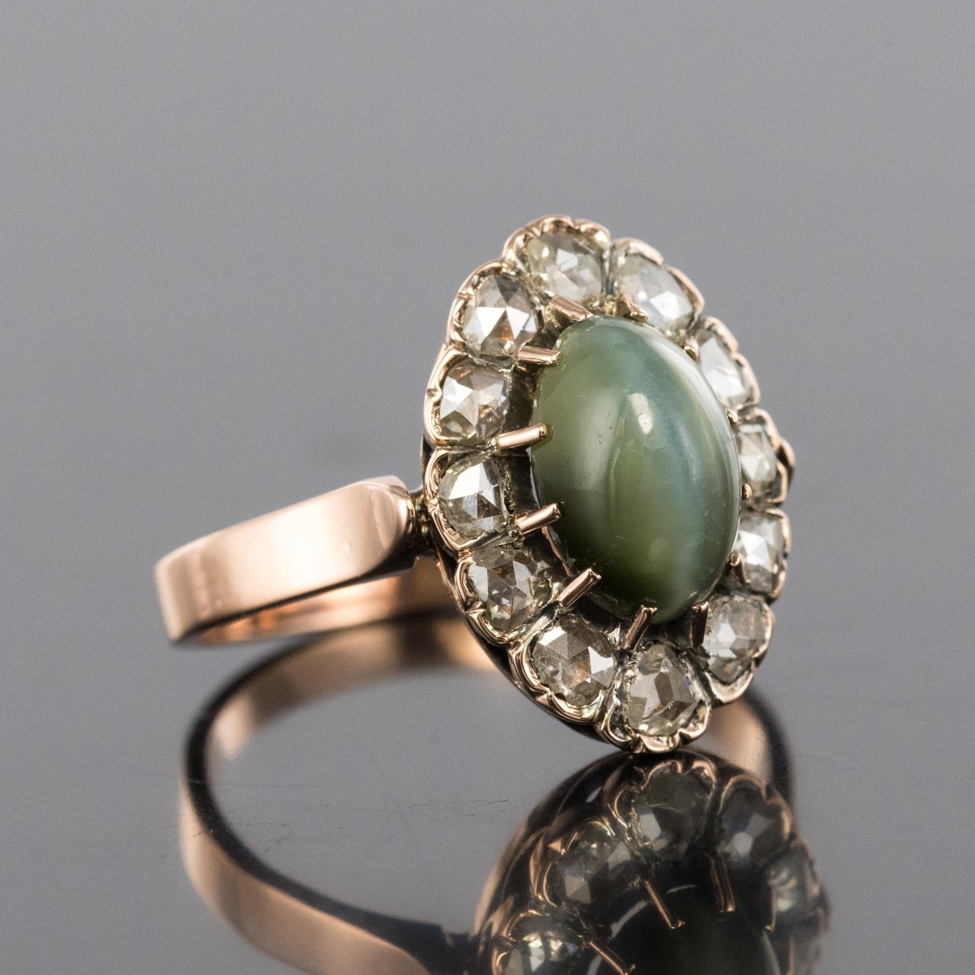 Napoleon III French 19th Century 18 Karat Rose Gold Chrysoberyl Cat's Eye Cluster Ring