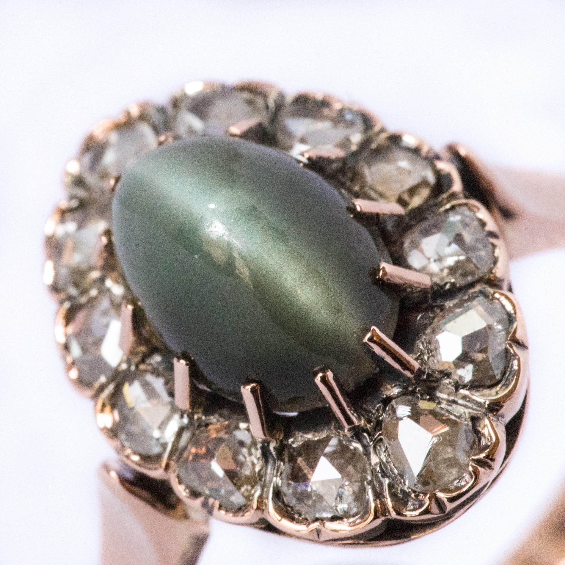 French 19th Century 18 Karat Rose Gold Chrysoberyl Cat's Eye Cluster Ring In Good Condition In Poitiers, FR