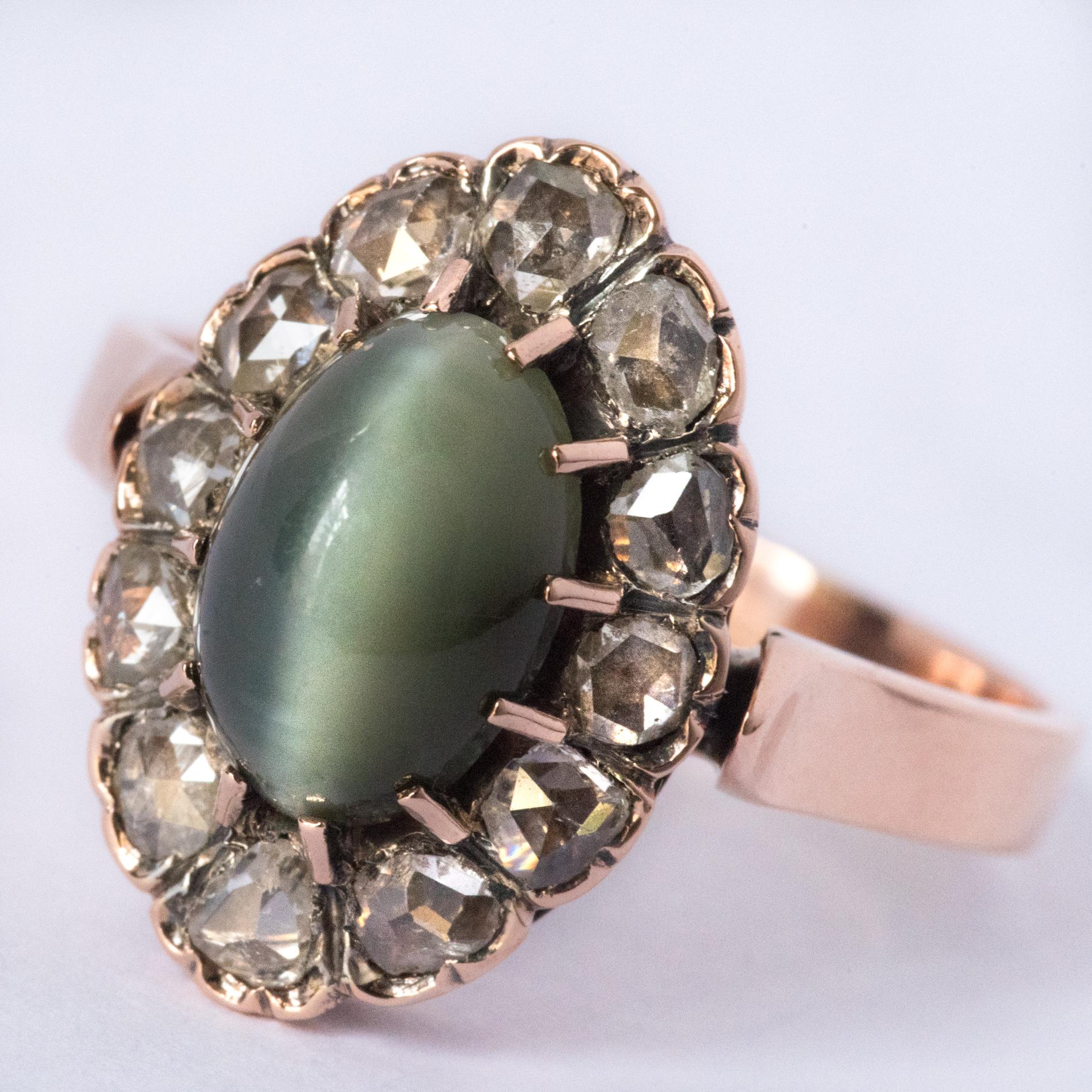 Women's French 19th Century 18 Karat Rose Gold Chrysoberyl Cat's Eye Cluster Ring