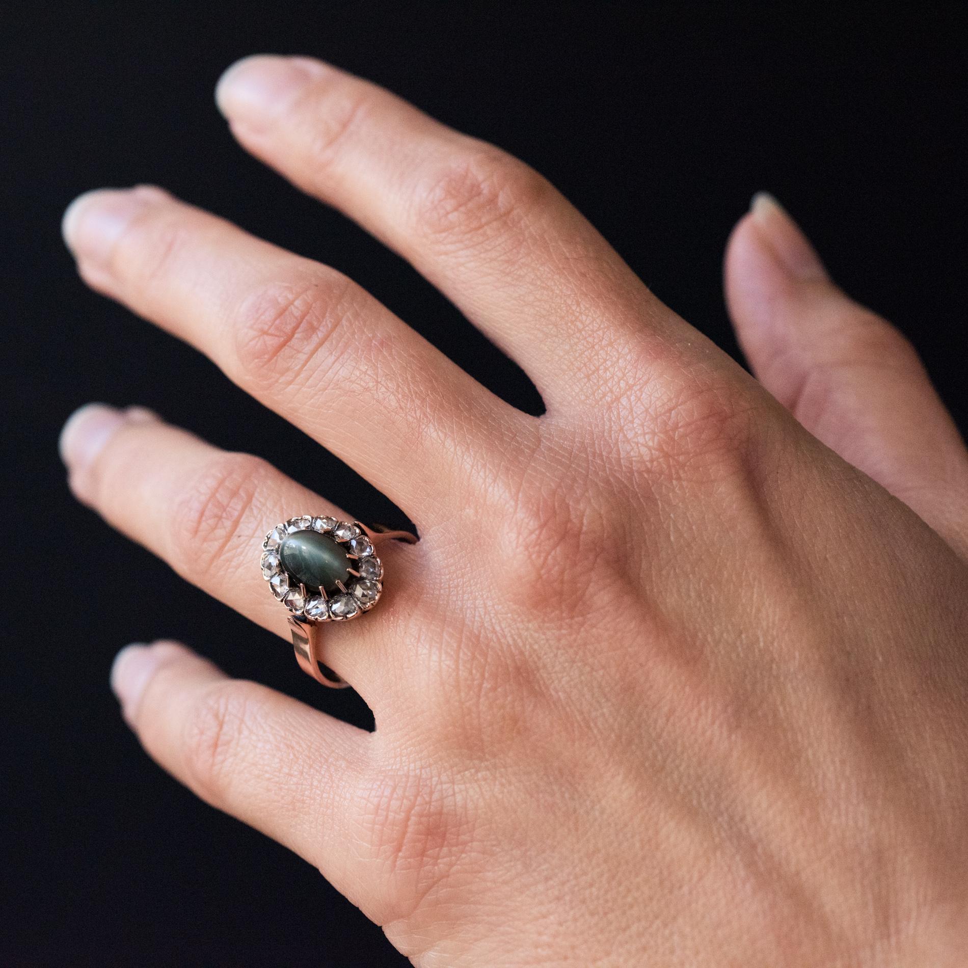 French 19th Century 18 Karat Rose Gold Chrysoberyl Cat's Eye Cluster Ring 1