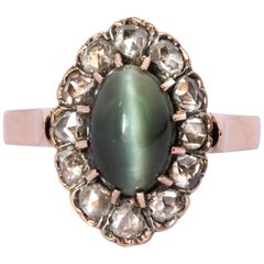 Retro French 19th Century 18 Karat Rose Gold Chrysoberyl Cat's Eye Cluster Ring