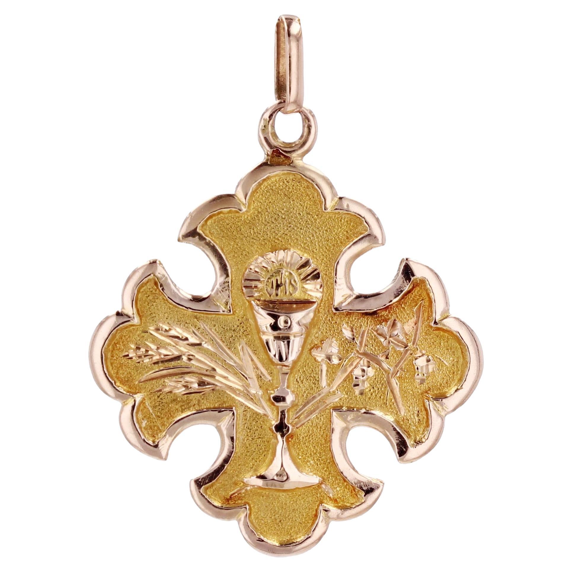 French 19th Century 18 Karat Rose Gold Fleur-de-lysee Cross Pendant