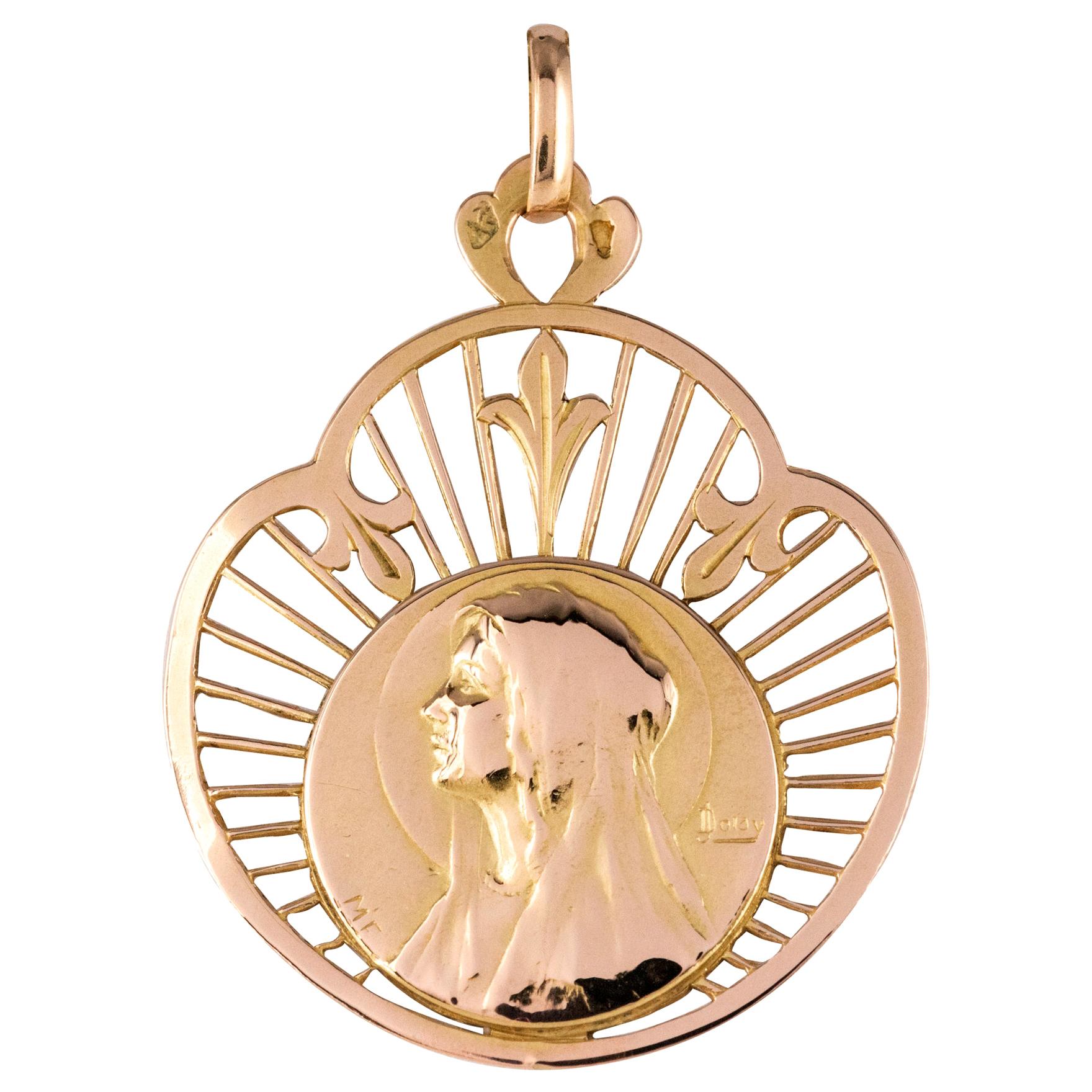 French 19th Century 18 Karat Rose Gold Haloed Virgin Medal