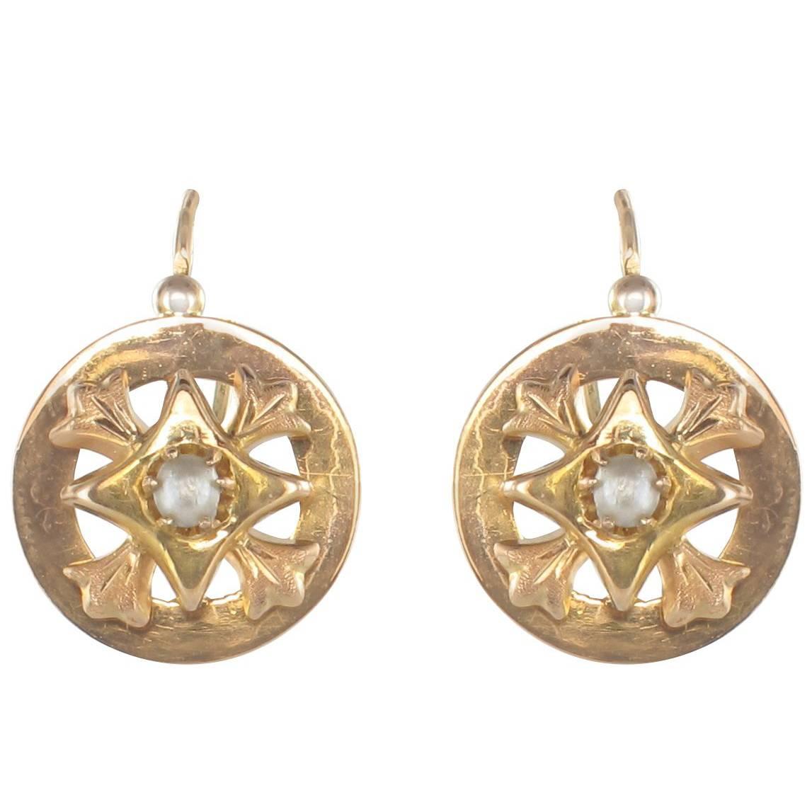 French 19th Century 18 Karat Rose Gold Natural Pearl Drop Earrings
