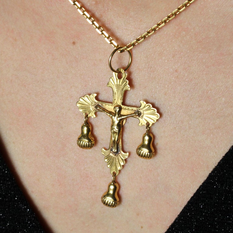 Croix Pendentif Ancien Régional En Or Rose Massif 18 Carats Avec Perles - XIXe Siècle, France - Occasion Très Bon état