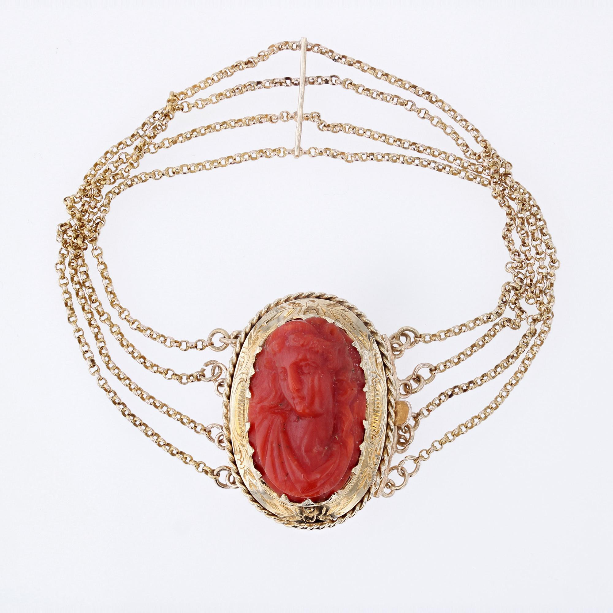 Portrait Cut French 19th Century 18 Karat Yellow Gold Coral Clasp Chain Bracelet