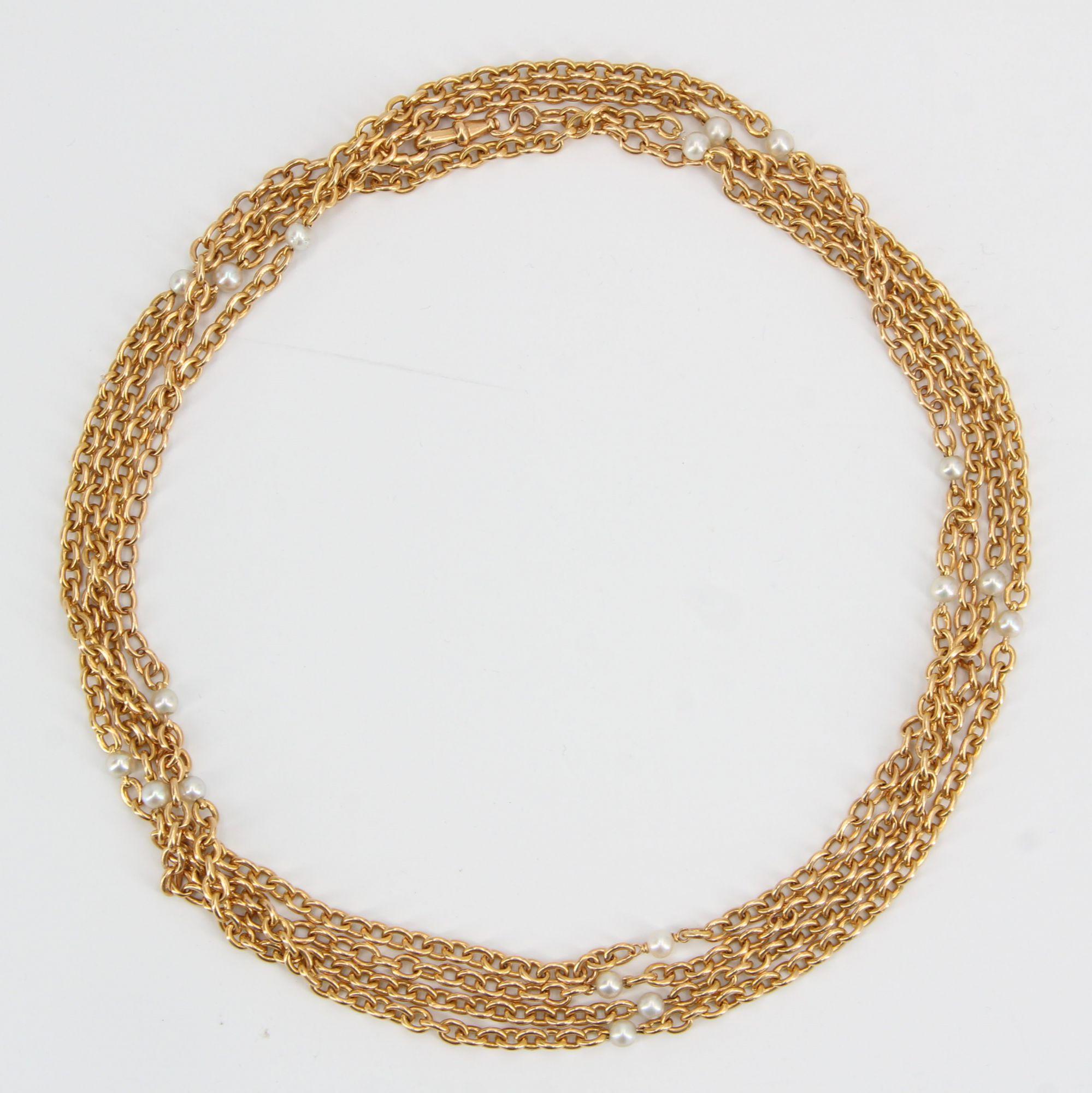Women's French 19th Century 18 Karat Yellow Gold Natural Pearl Long Chain Necklace