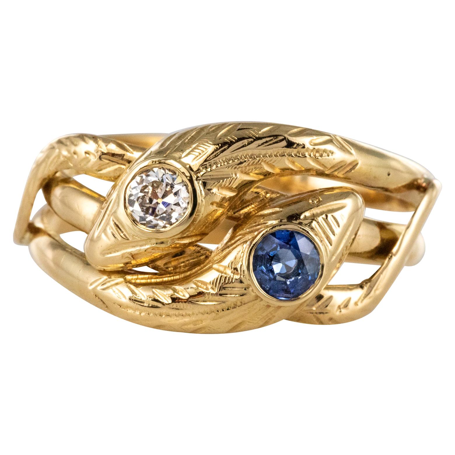 French 19th Century 18 Karat Yellow Gold Sapphire Diamond Snake Ring