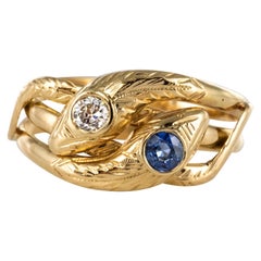 Antique French 19th Century 18 Karat Yellow Gold Sapphire Diamond Snake Ring