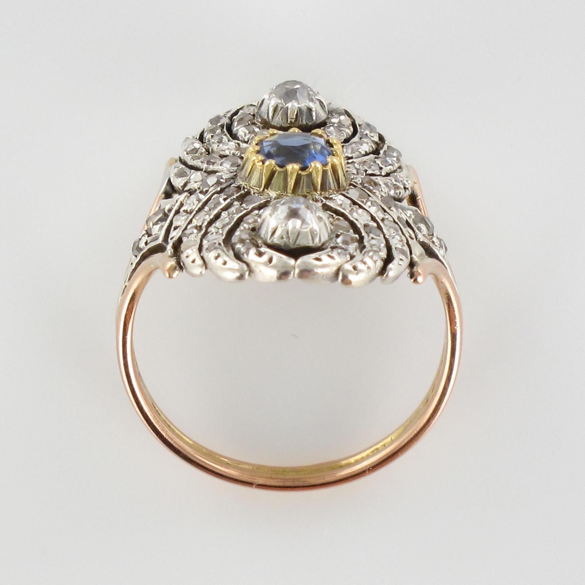 French 19th Century 18 Karat Yellow Gold Silver Sapphire Diamond Ring 4