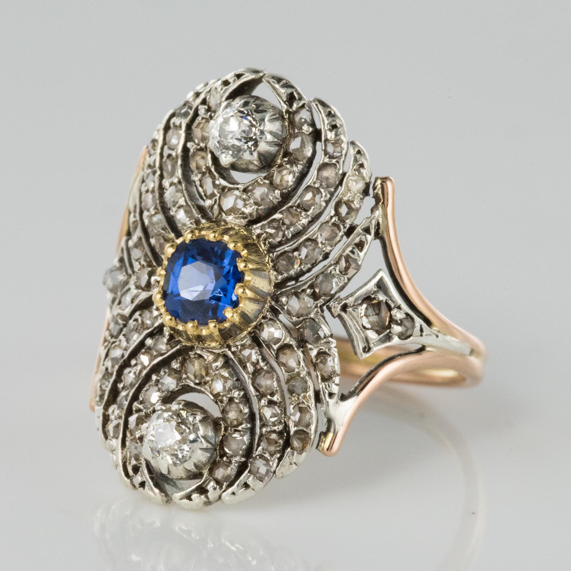 Napoleon III French 19th Century 18 Karat Yellow Gold Silver Sapphire Diamond Ring