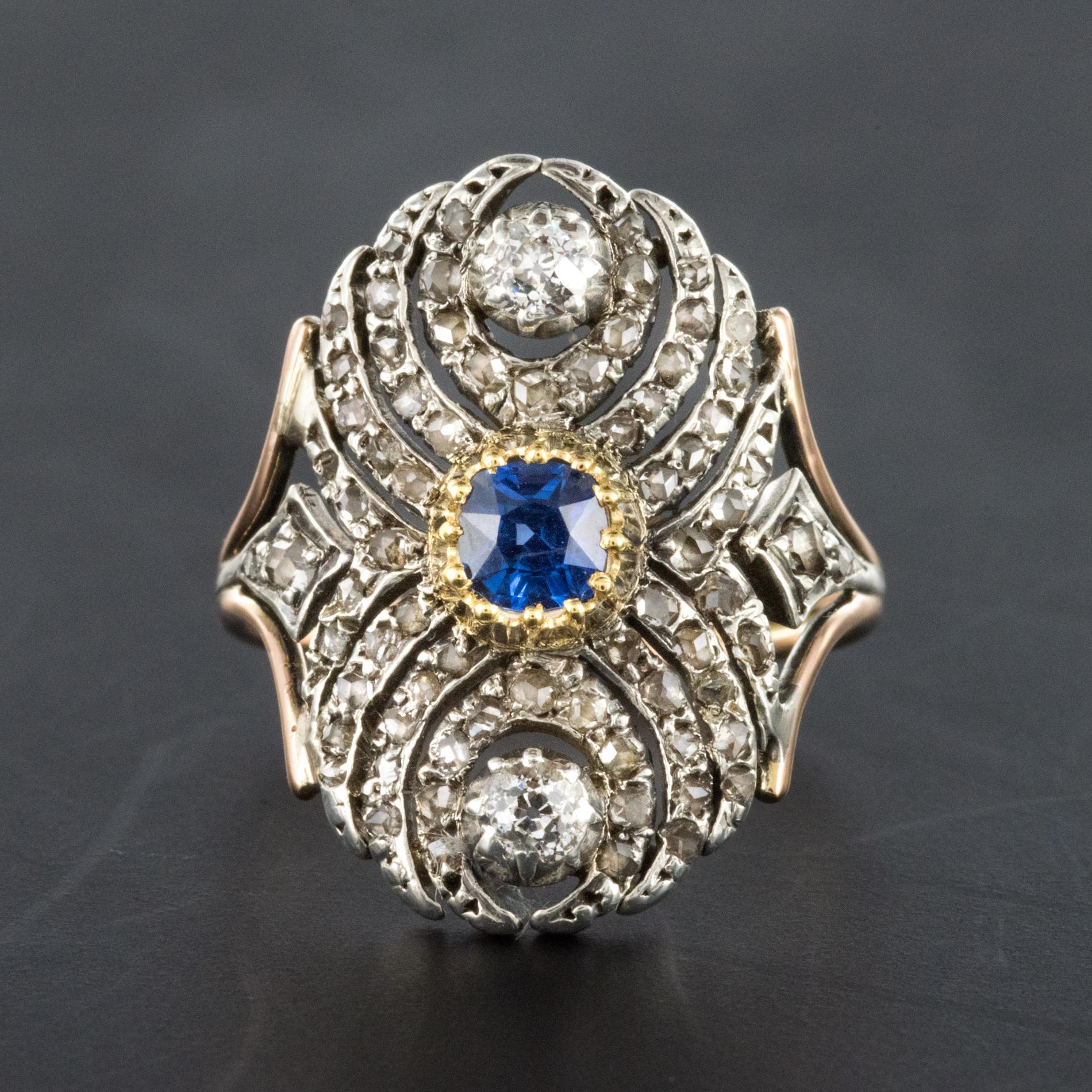 Women's French 19th Century 18 Karat Yellow Gold Silver Sapphire Diamond Ring