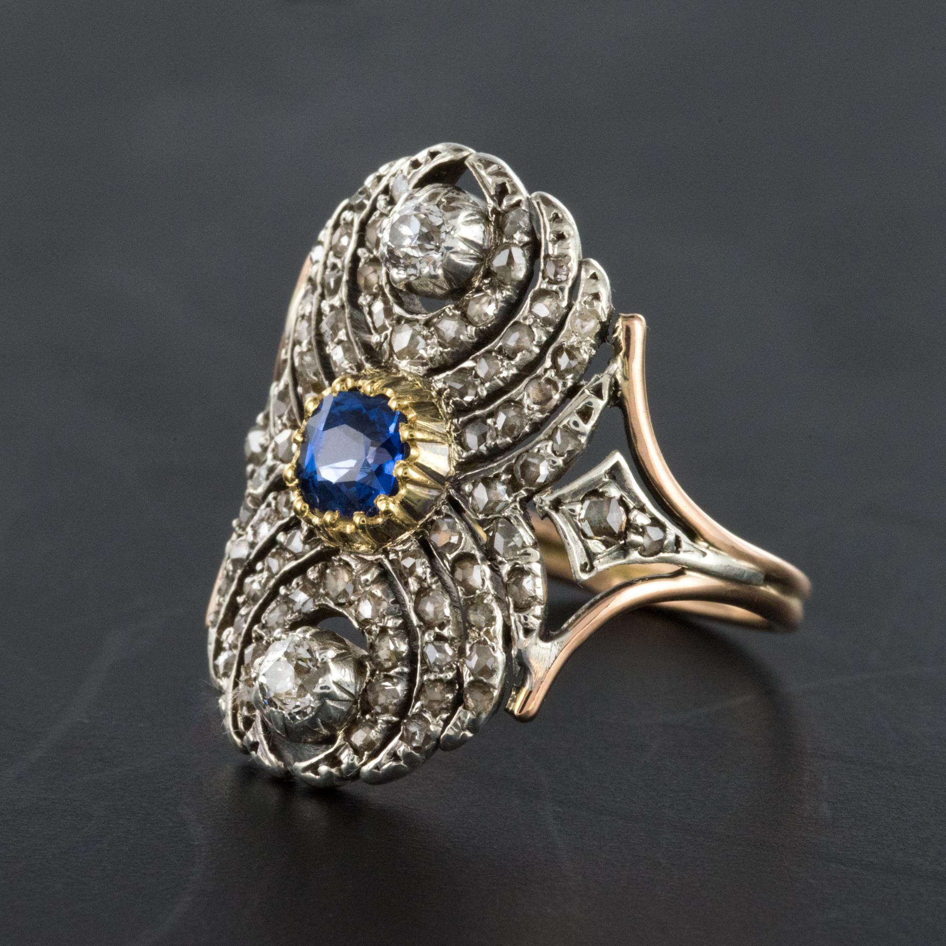 French 19th Century 18 Karat Yellow Gold Silver Sapphire Diamond Ring 1
