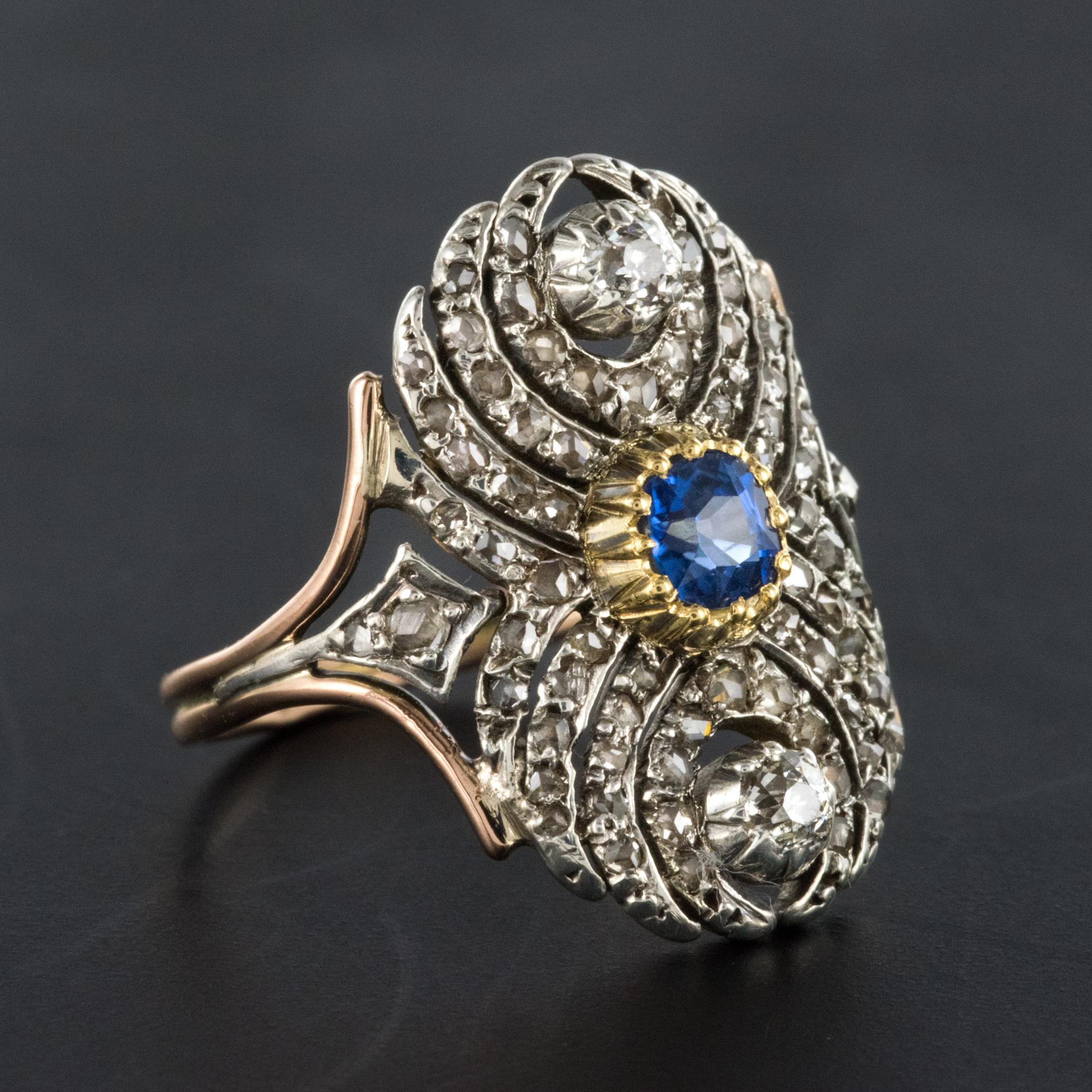 French 19th Century 18 Karat Yellow Gold Silver Sapphire Diamond Ring 2