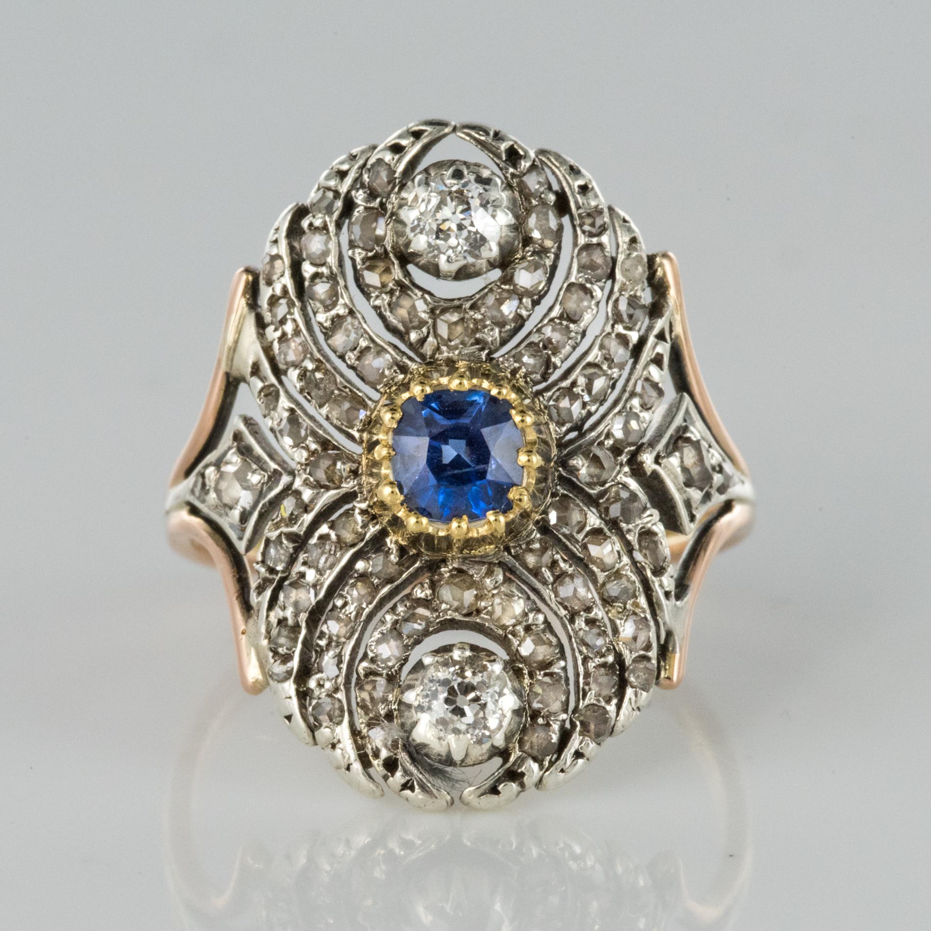 French 19th Century 18 Karat Yellow Gold Silver Sapphire Diamond Ring 3