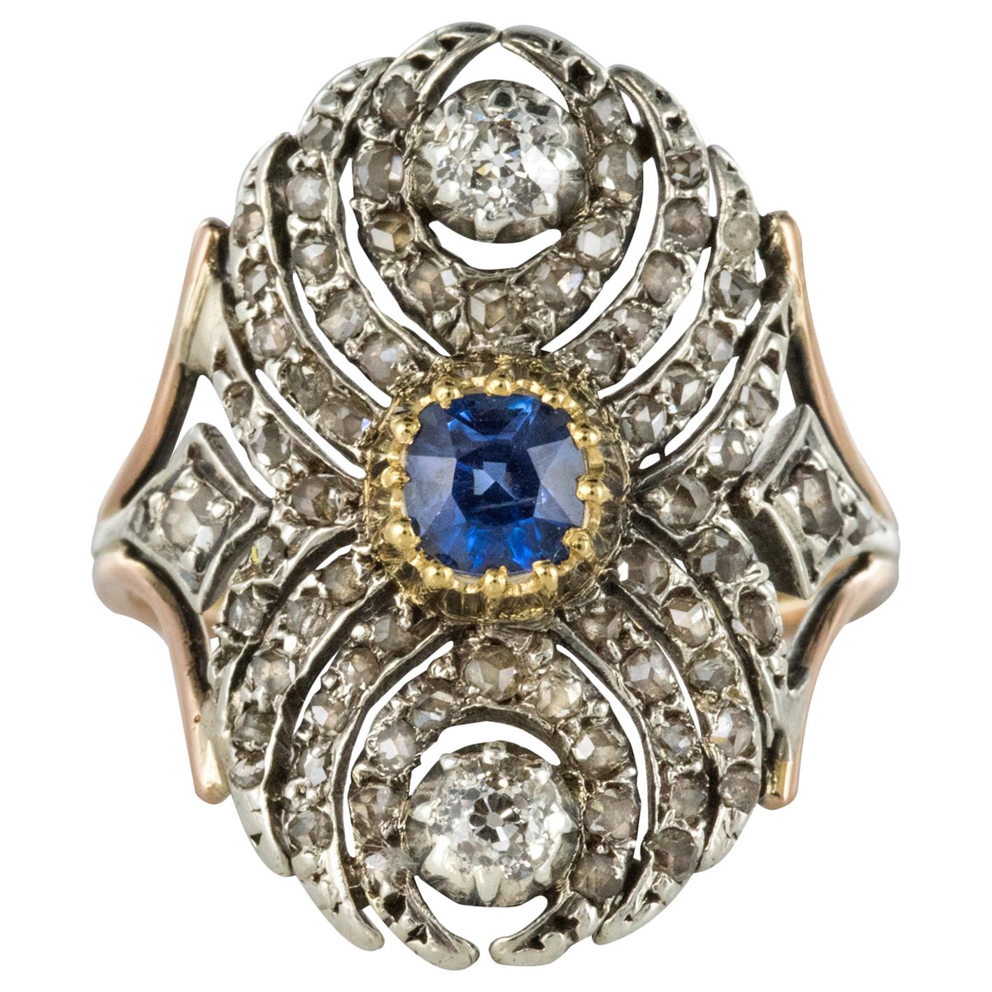 French 19th Century 18 Karat Yellow Gold Silver Sapphire Diamond Ring
