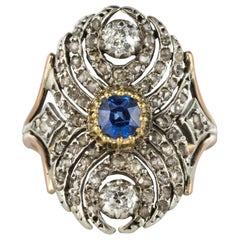 Antique French 19th Century 18 Karat Yellow Gold Silver Sapphire Diamond Ring