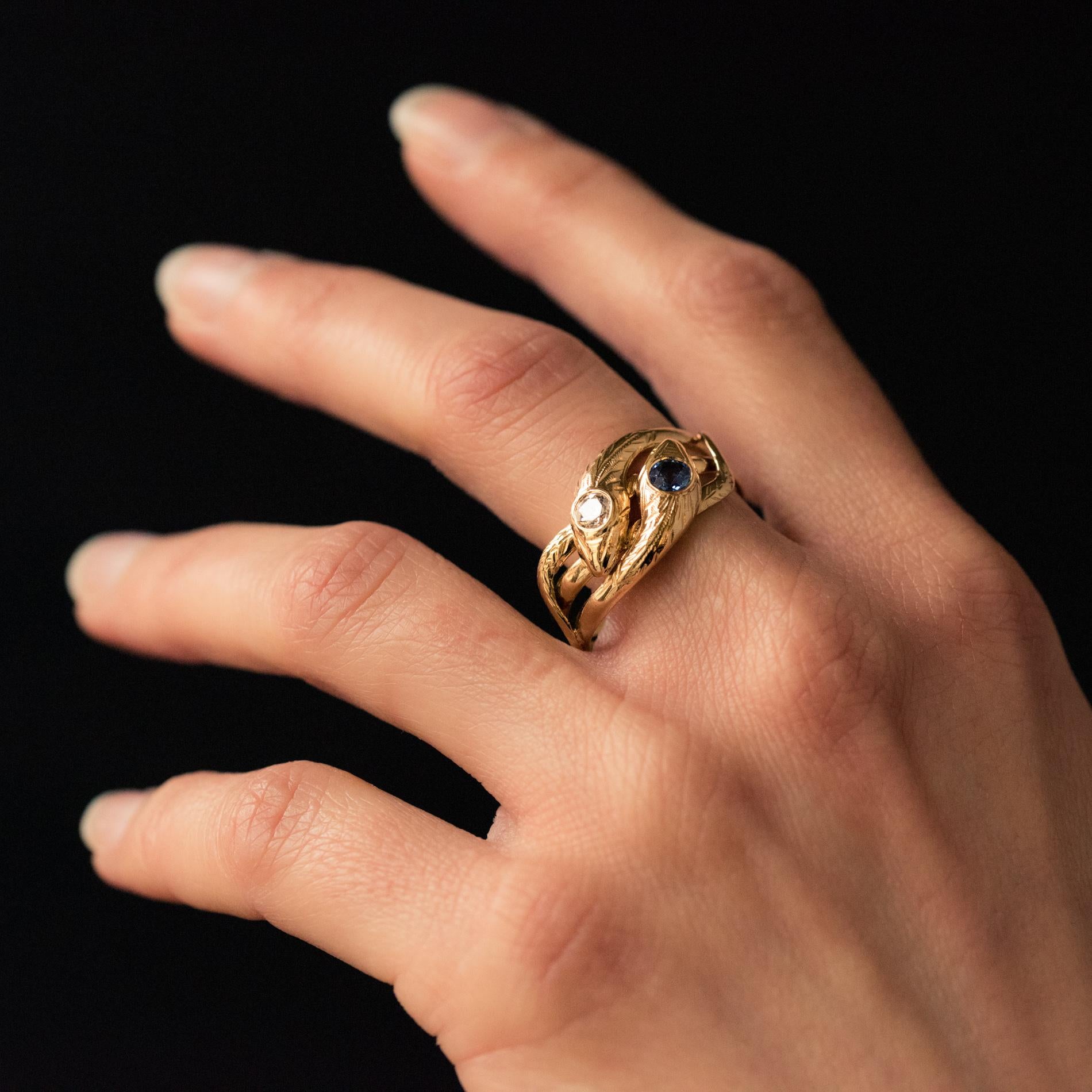 French 19th Century 18 Karat Yellow Gold Sapphire Diamond Snake Ring 5
