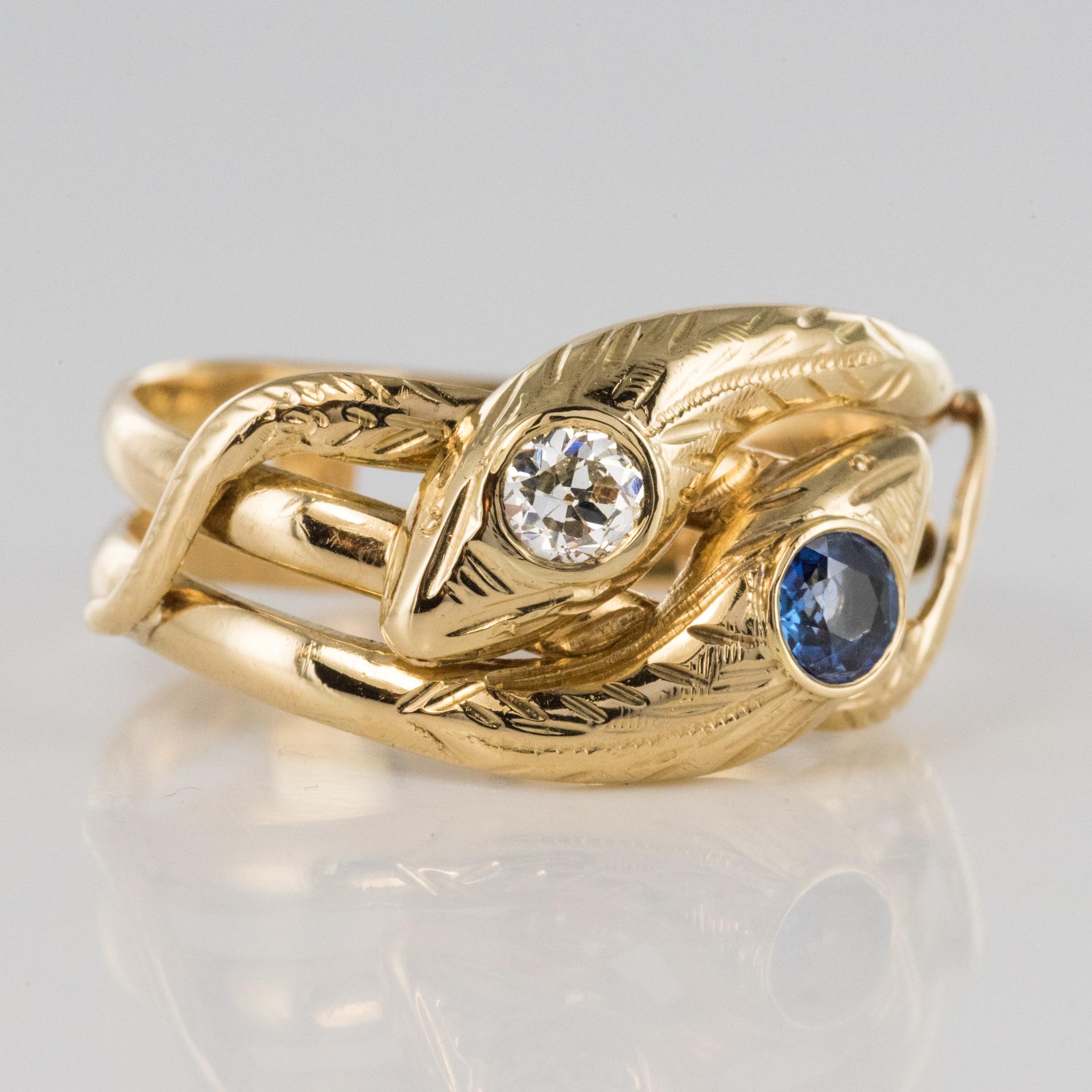 French 19th Century 18 Karat Yellow Gold Sapphire Diamond Snake Ring 7