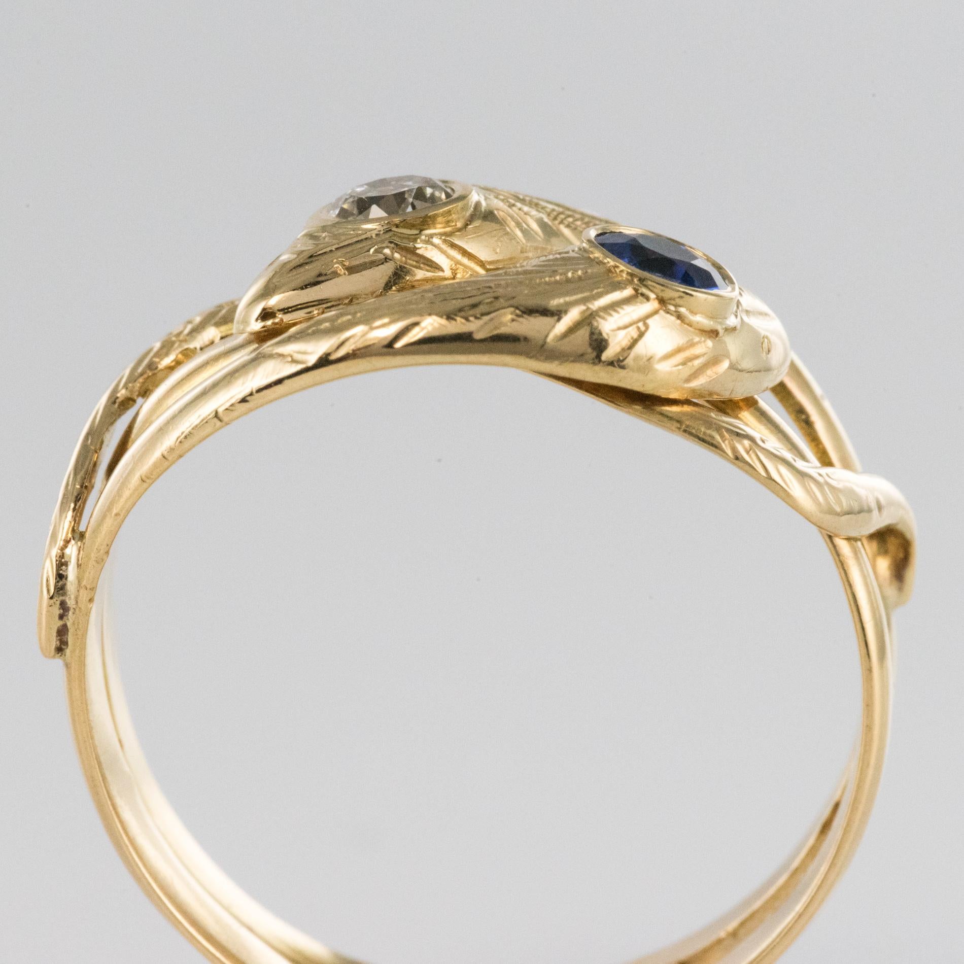 French 19th Century 18 Karat Yellow Gold Sapphire Diamond Snake Ring 8