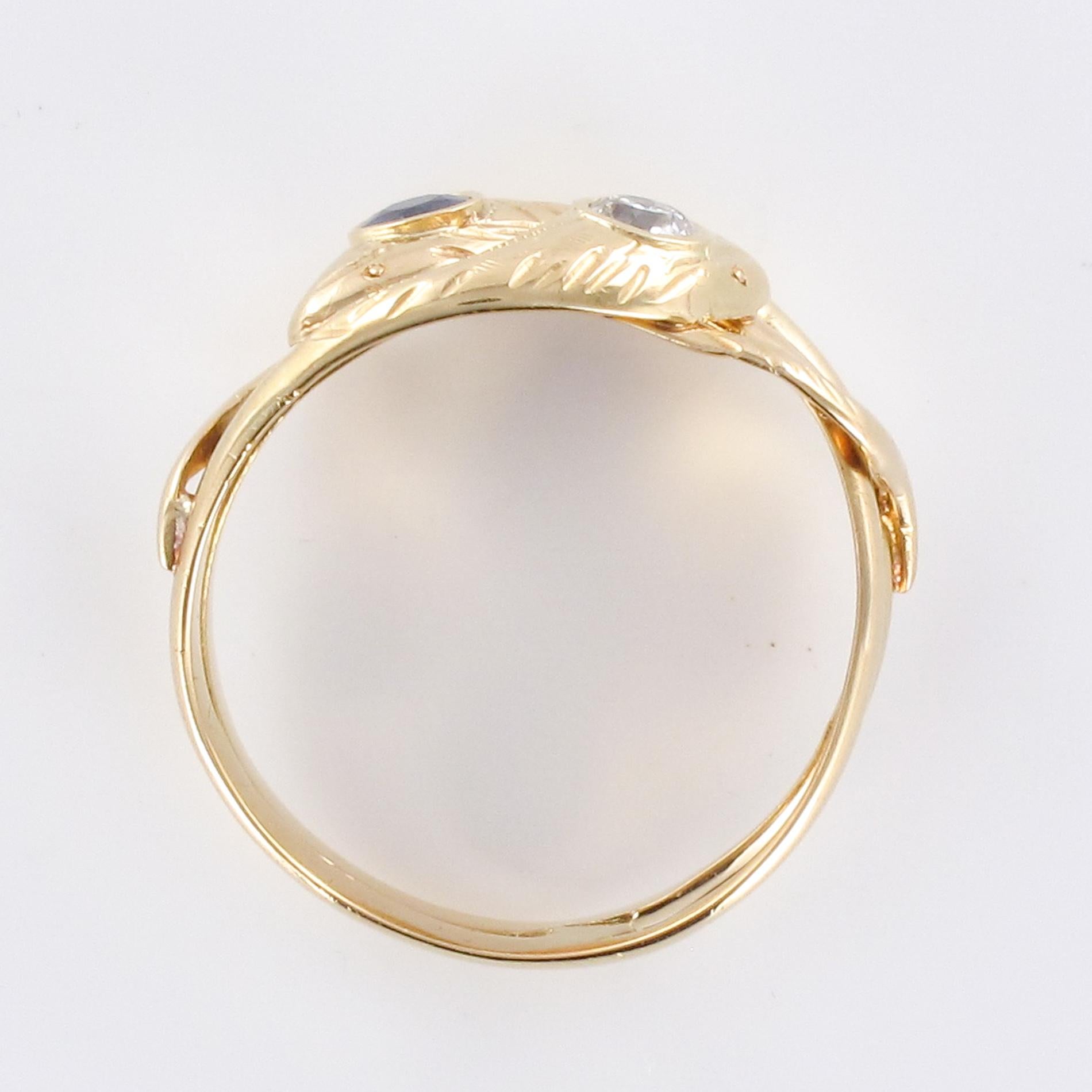 French 19th Century 18 Karat Yellow Gold Sapphire Diamond Snake Ring 9