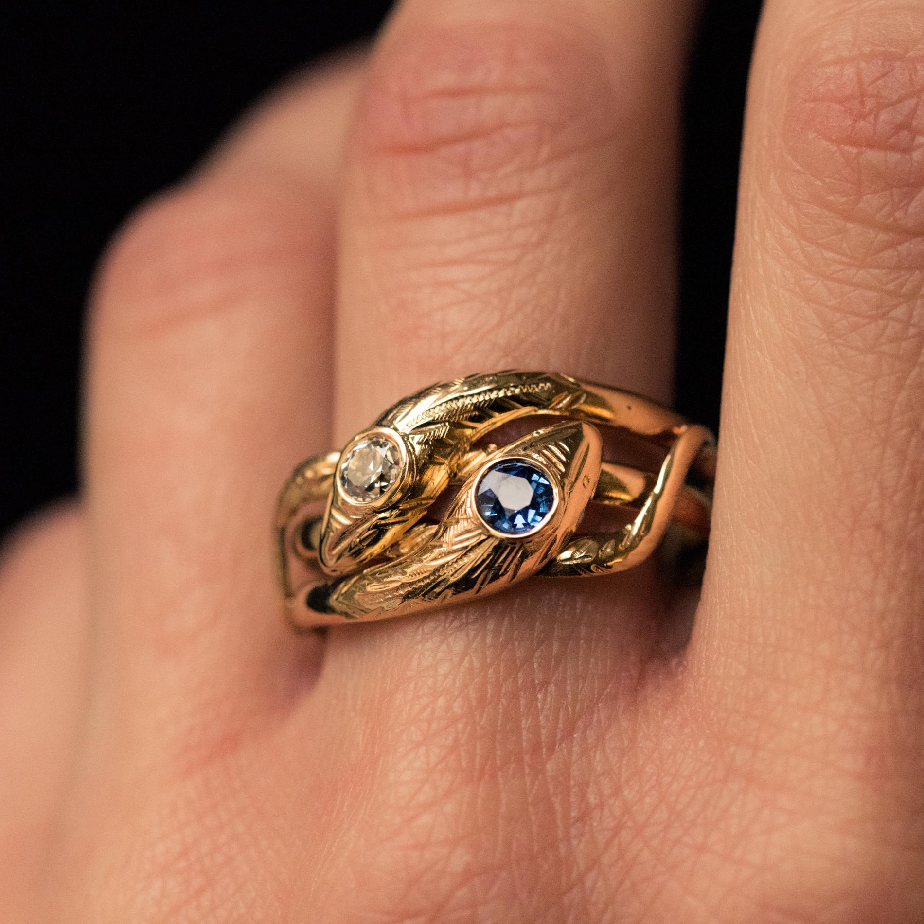 Round Cut French 19th Century 18 Karat Yellow Gold Sapphire Diamond Snake Ring