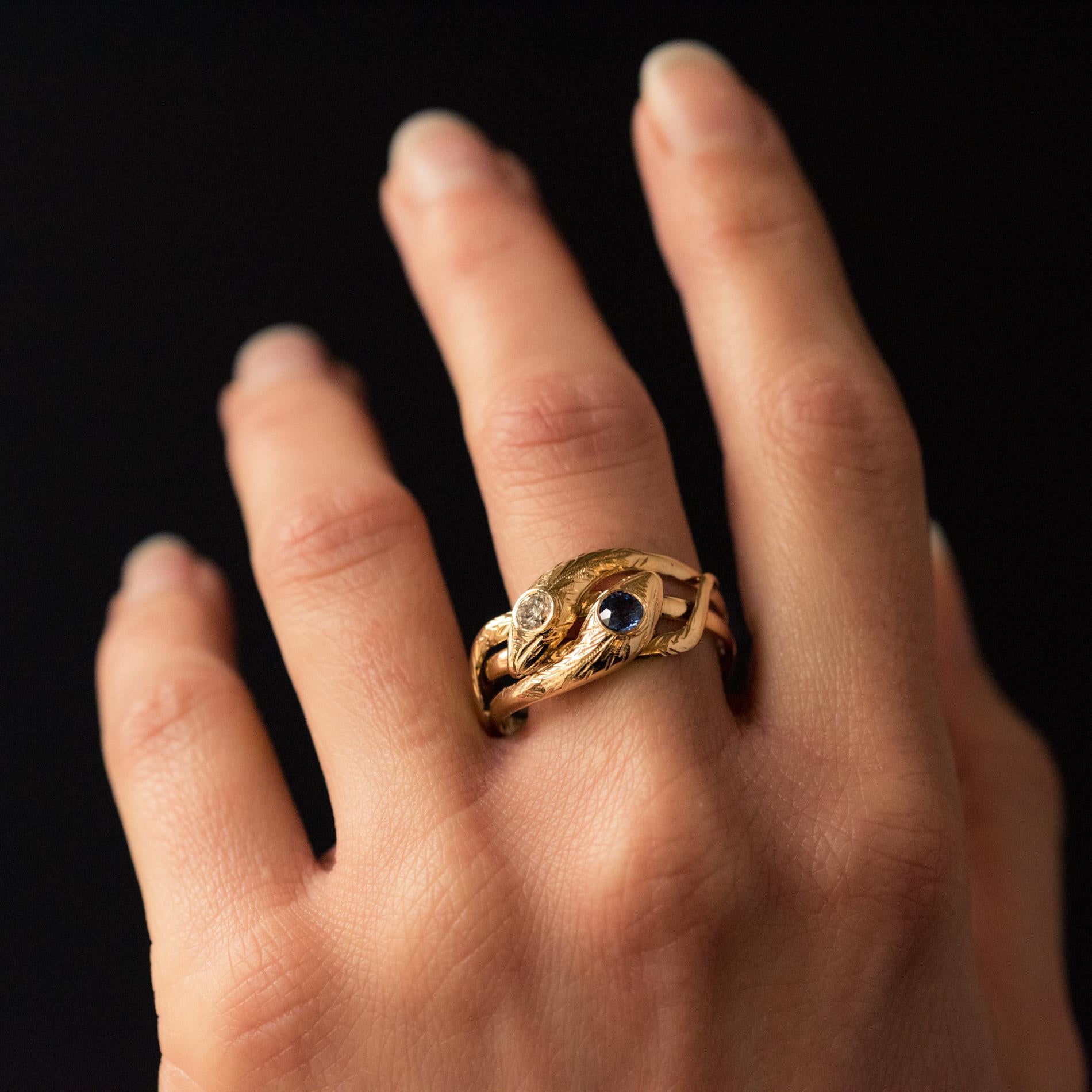 French 19th Century 18 Karat Yellow Gold Sapphire Diamond Snake Ring In Excellent Condition In Poitiers, FR