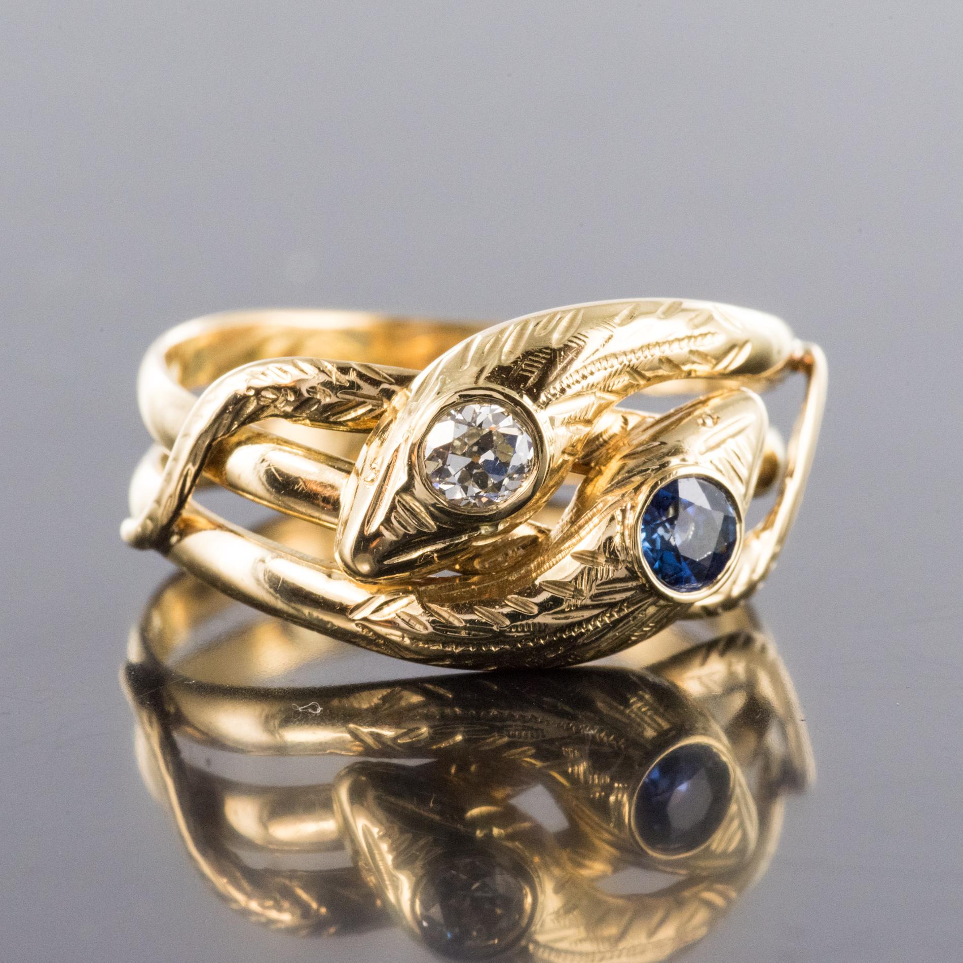 Women's or Men's French 19th Century 18 Karat Yellow Gold Sapphire Diamond Snake Ring