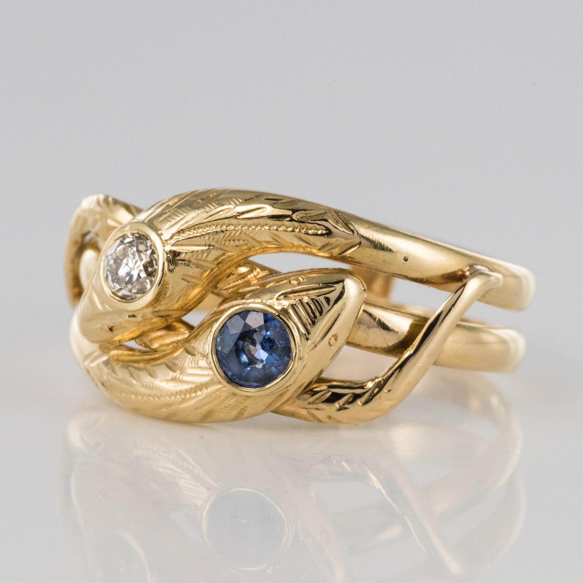French 19th Century 18 Karat Yellow Gold Sapphire Diamond Snake Ring 1