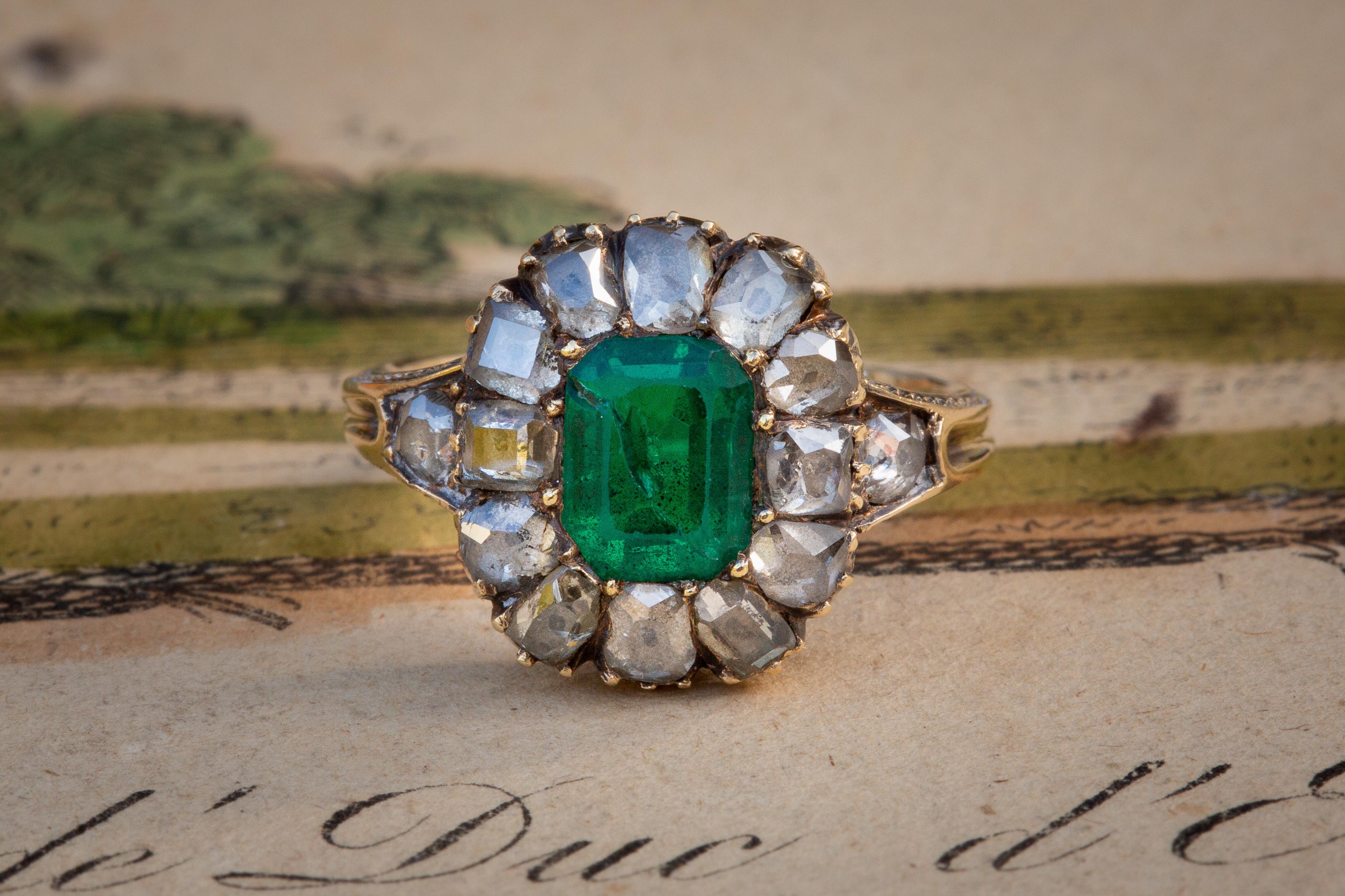 French 19th Century 18K Gold Diamond and Emerald Cluster Ring 4