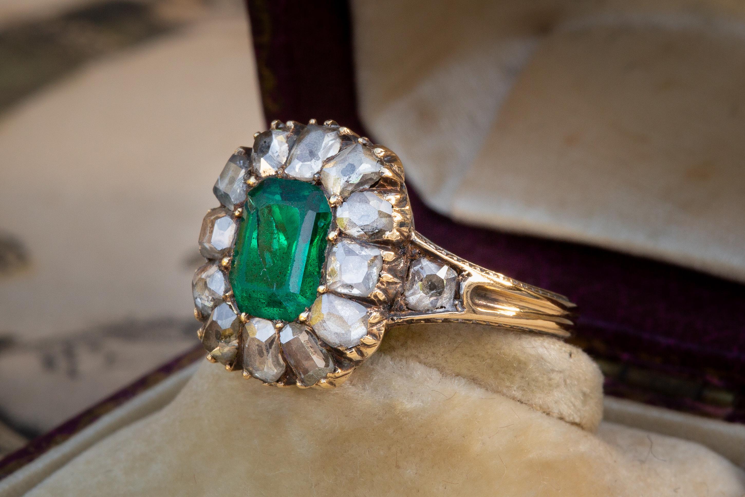 Victorian French 19th Century 18K Gold Diamond and Emerald Cluster Ring