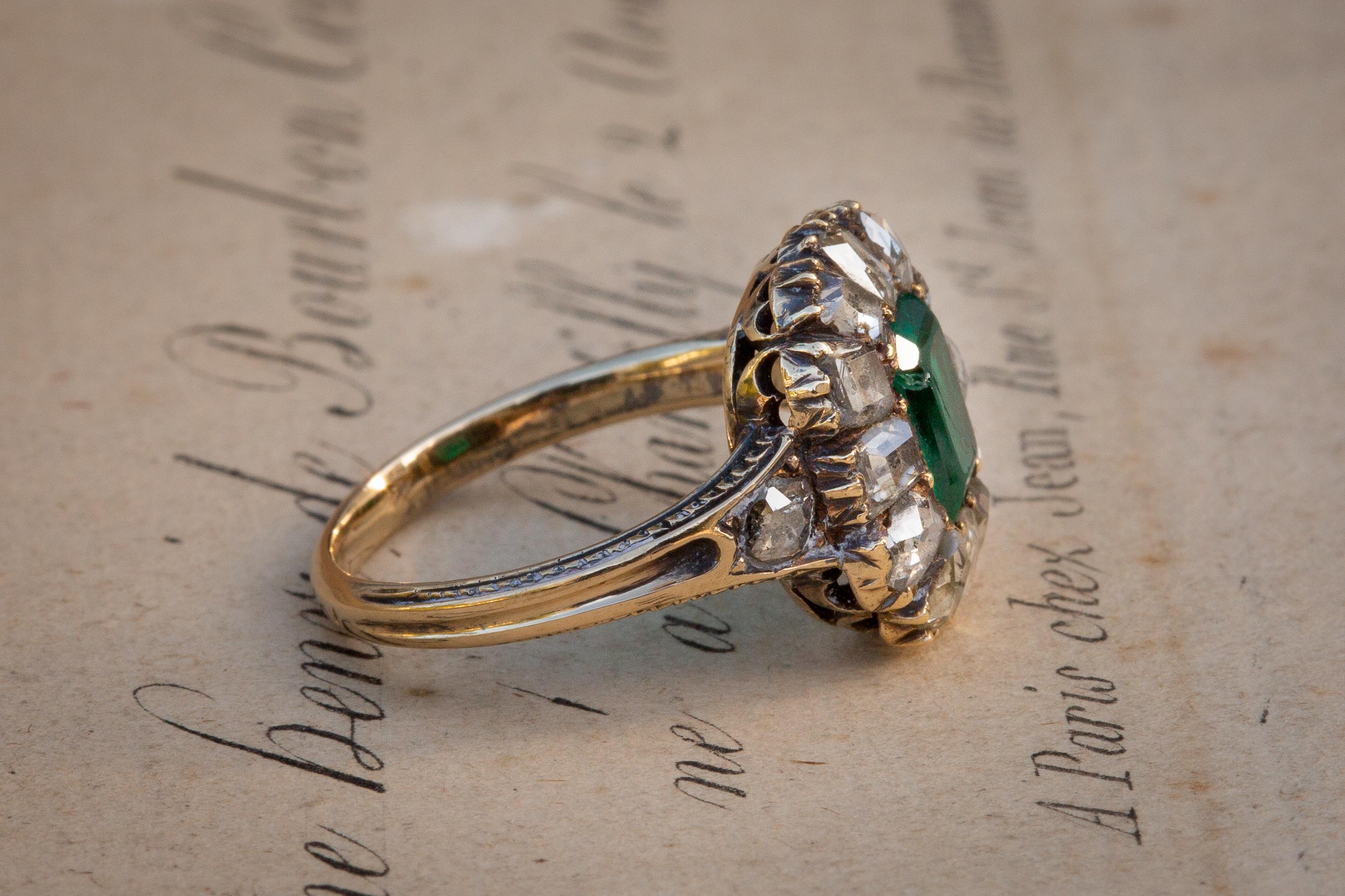 French 19th Century 18K Gold Diamond and Emerald Cluster Ring 1